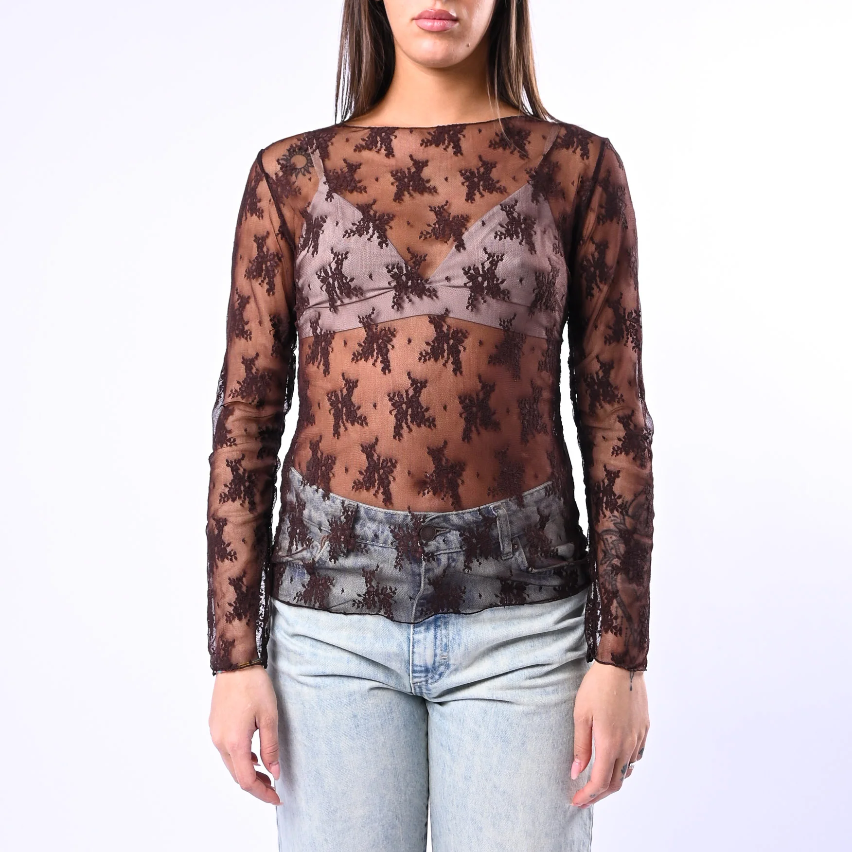 B LOVE - BLUSA IN PIZZO SCOLLO BARCHETTA ART.11817P - MORO - Image 2