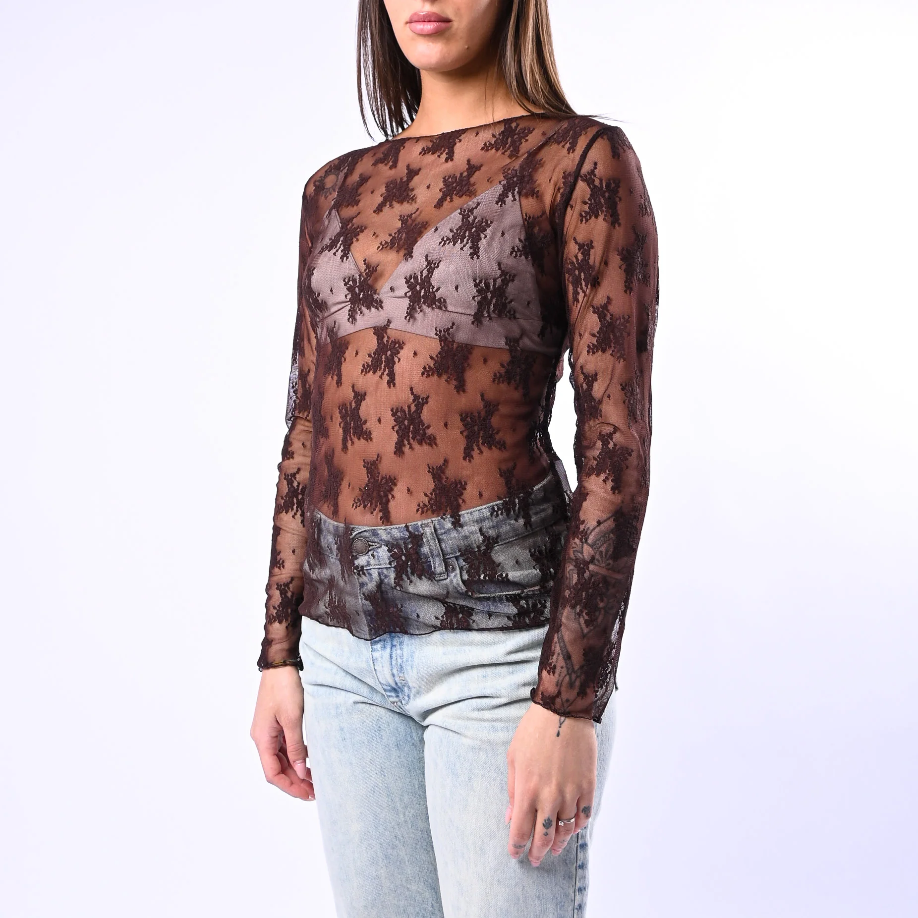 B LOVE - BLUSA IN PIZZO SCOLLO BARCHETTA ART.11817P - MORO - Image 3
