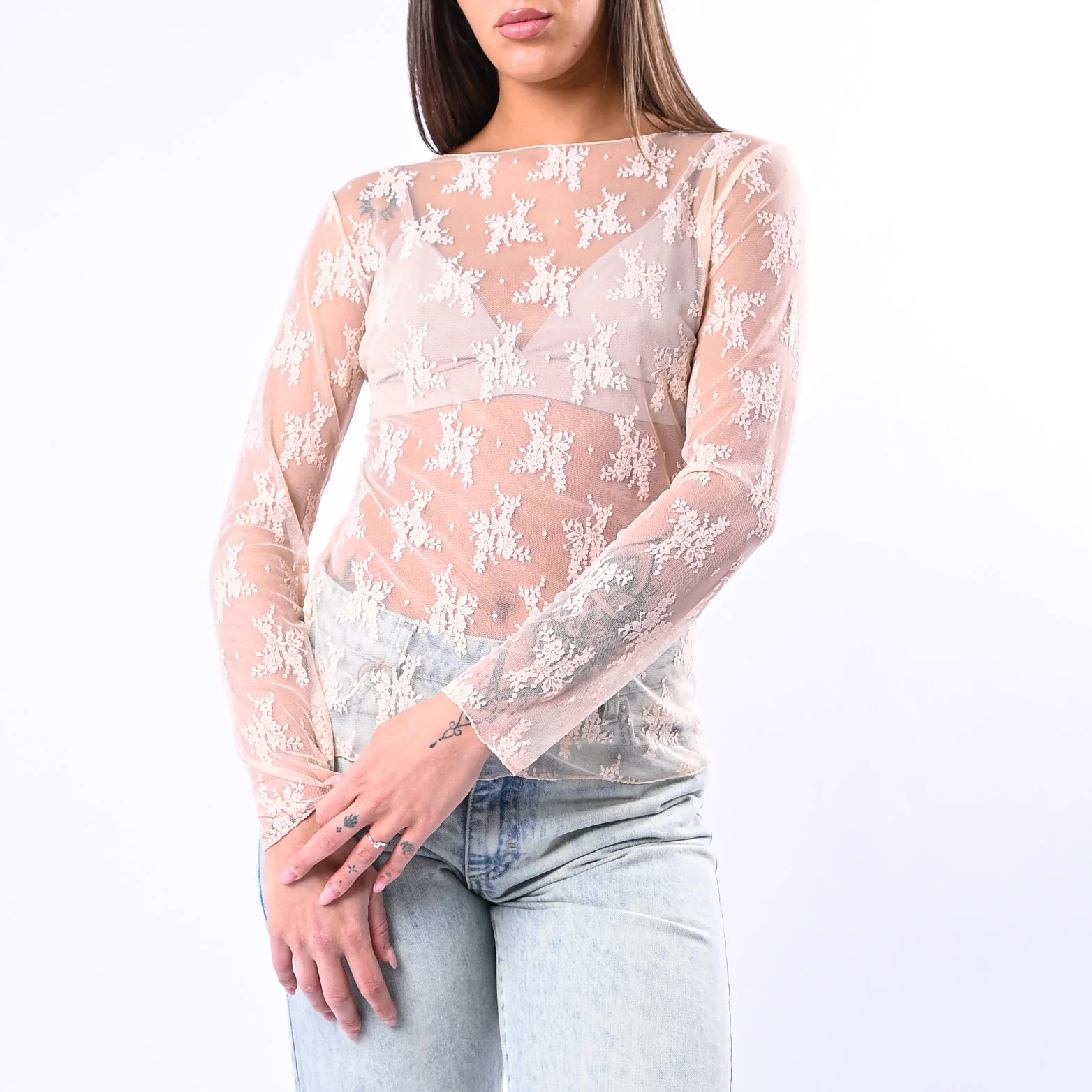 B LOVE - BLUSA IN PIZZO SCOLLO BARCHETTA ART.11817P - ROSA