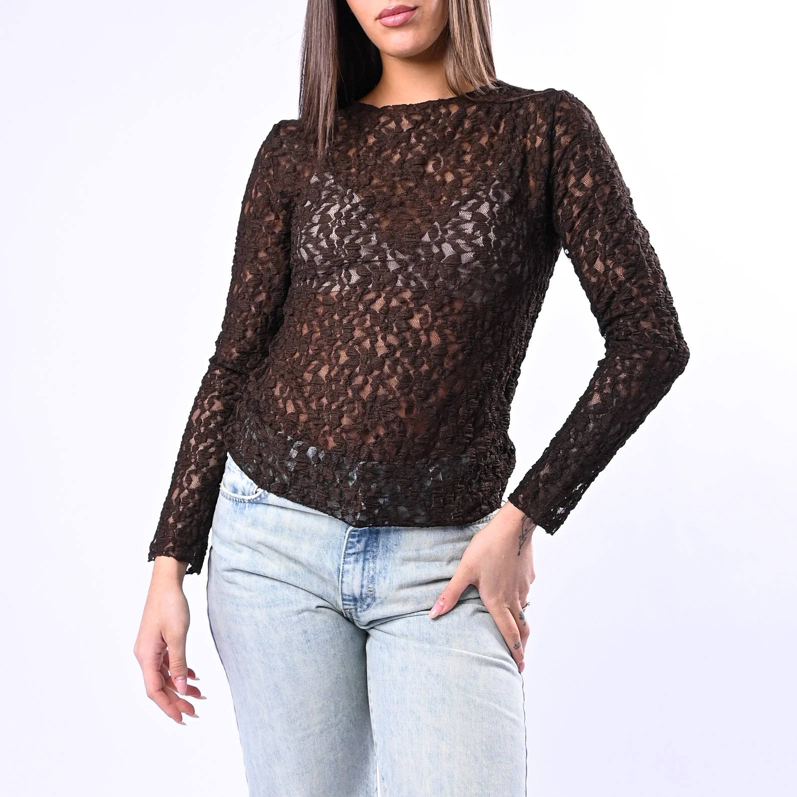B LOVE - BLUSA SCOLLO BARCHETTA IN PIZZO ART.11817N - MORO