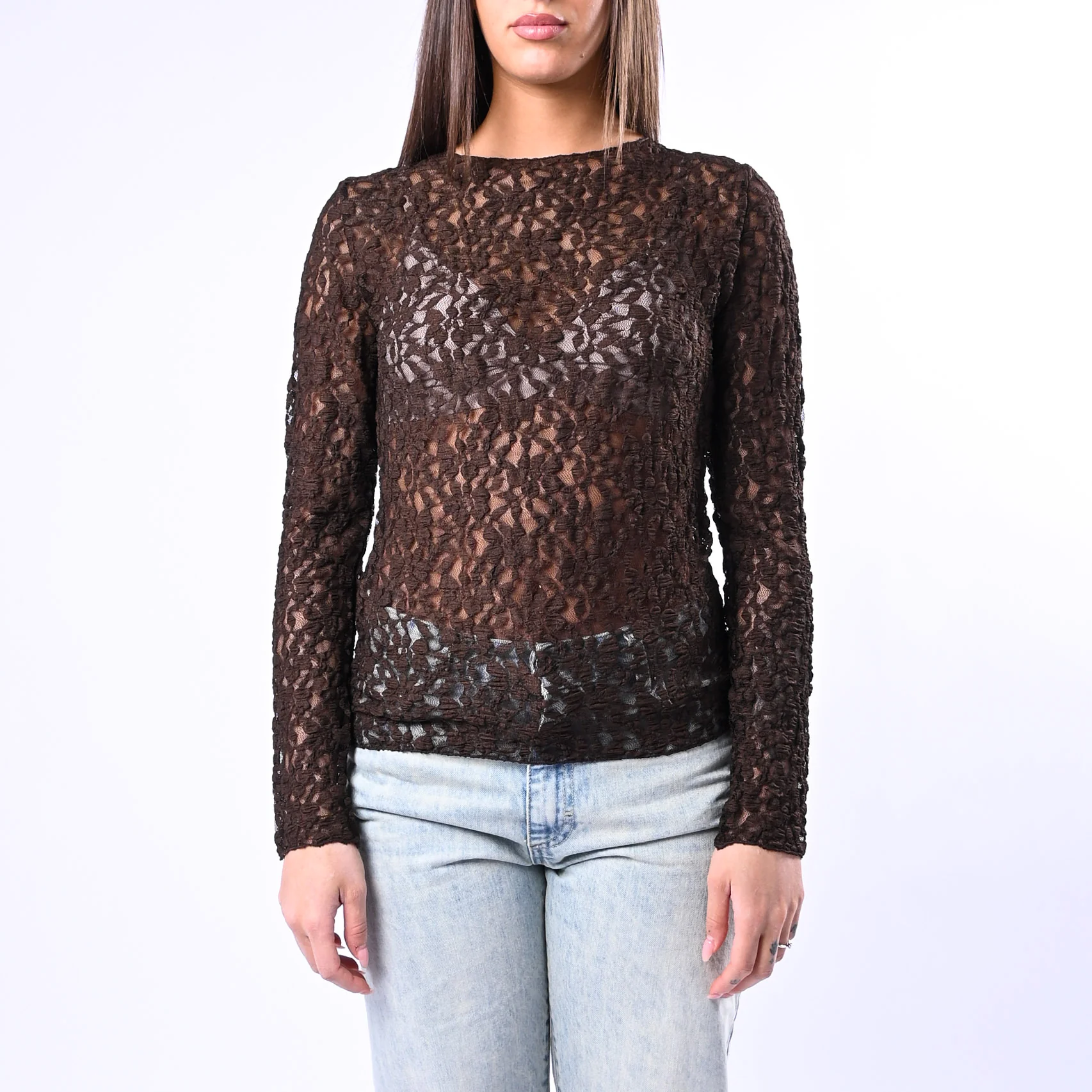 B LOVE - BLUSA SCOLLO BARCHETTA IN PIZZO ART.11817N - MORO - Image 2