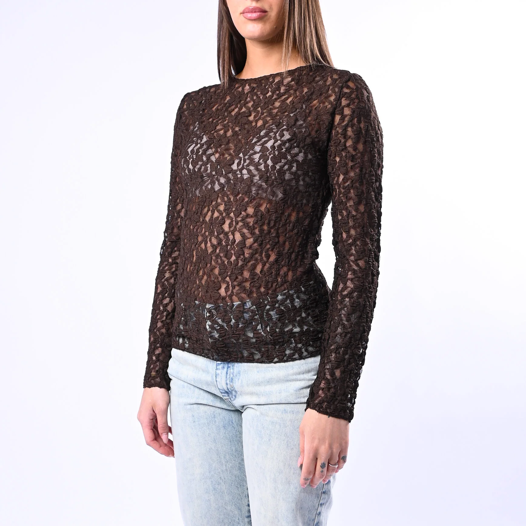 B LOVE - BLUSA SCOLLO BARCHETTA IN PIZZO ART.11817N - MORO - Image 3