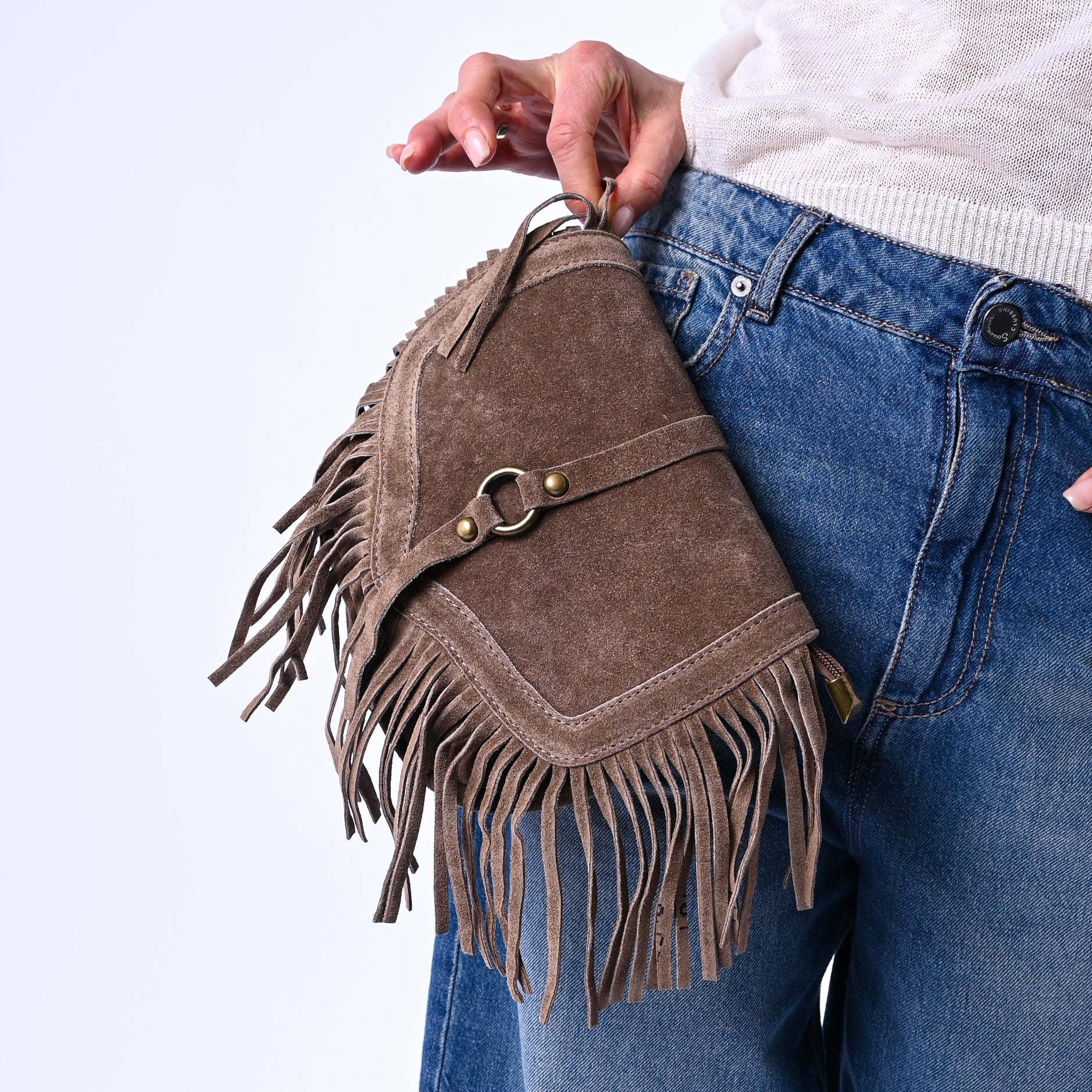 B LOVE - BORSETTA TRACOLLA IN CAMOSCIO+FRANGE ART.AR194 - TAUPE