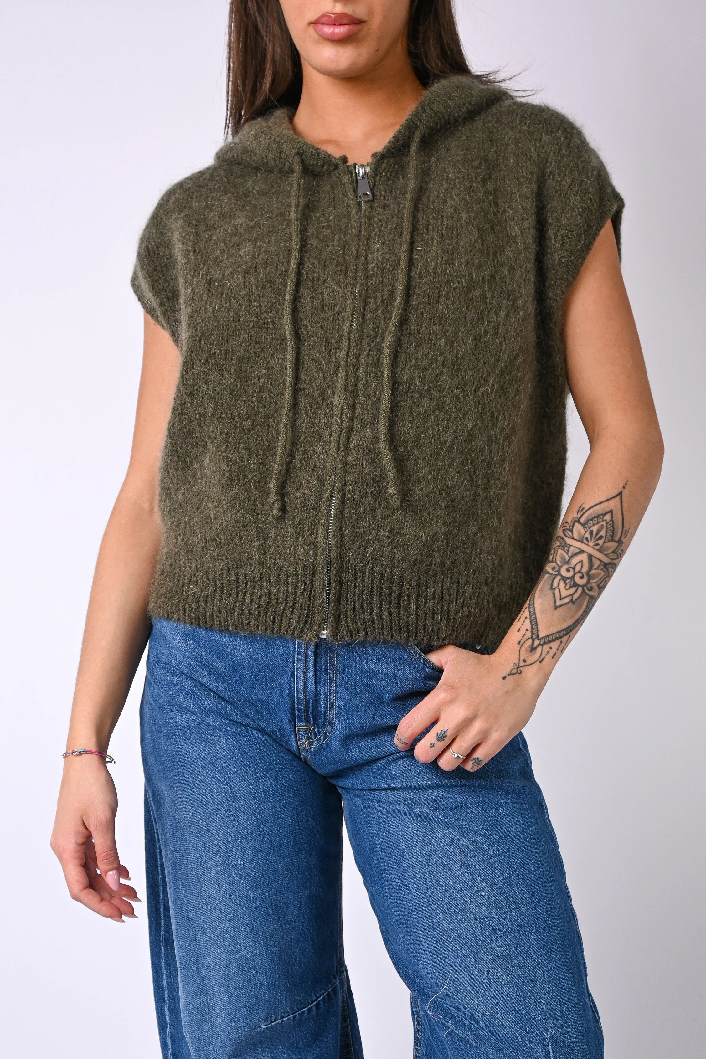 B LOVE - GILET SPORTY CON CAPUCCIO IN MOHAIR ART.8827 - MILITARE