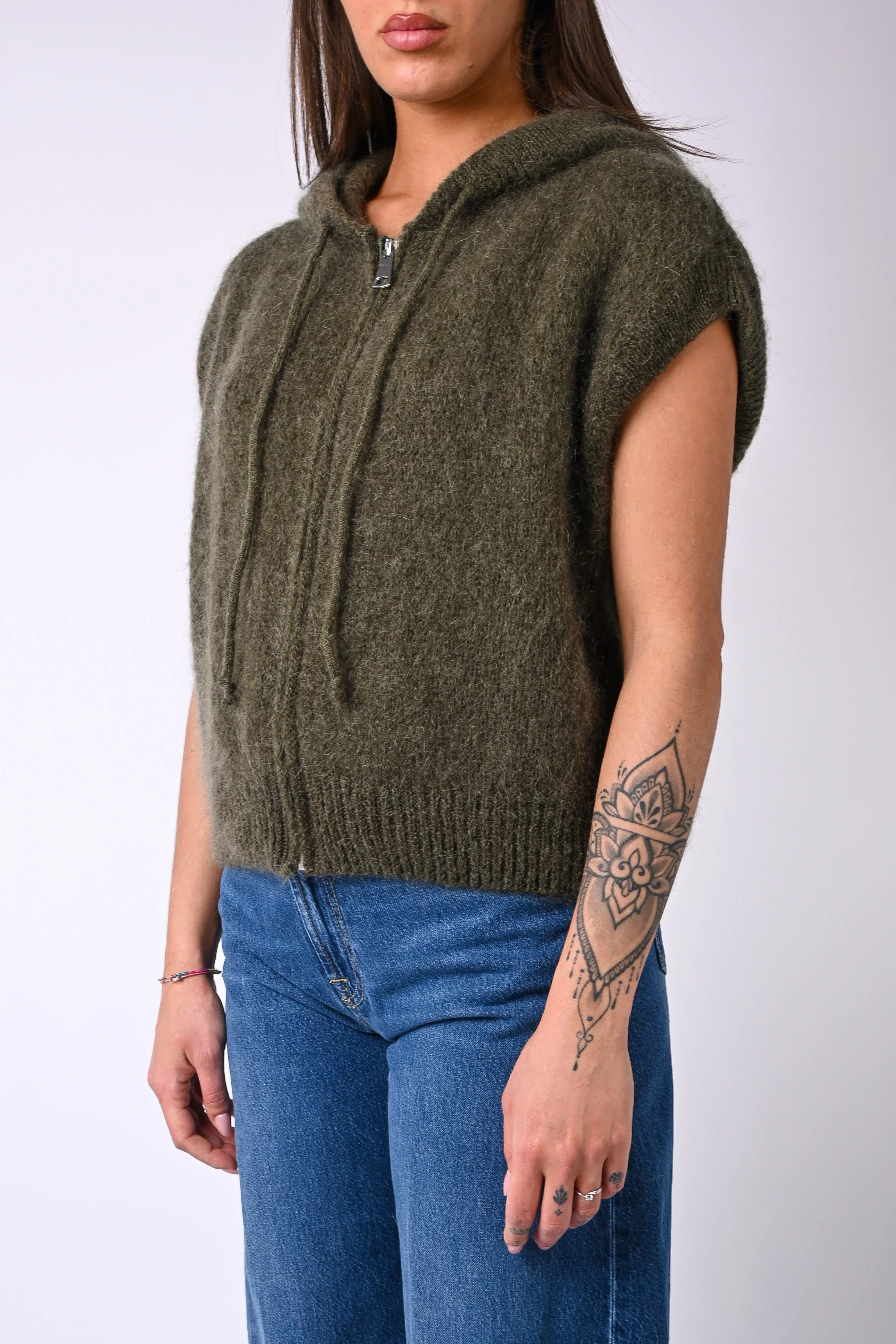 B LOVE - GILET SPORTY CON CAPUCCIO IN MOHAIR ART.8827 - MILITARE - Image 3