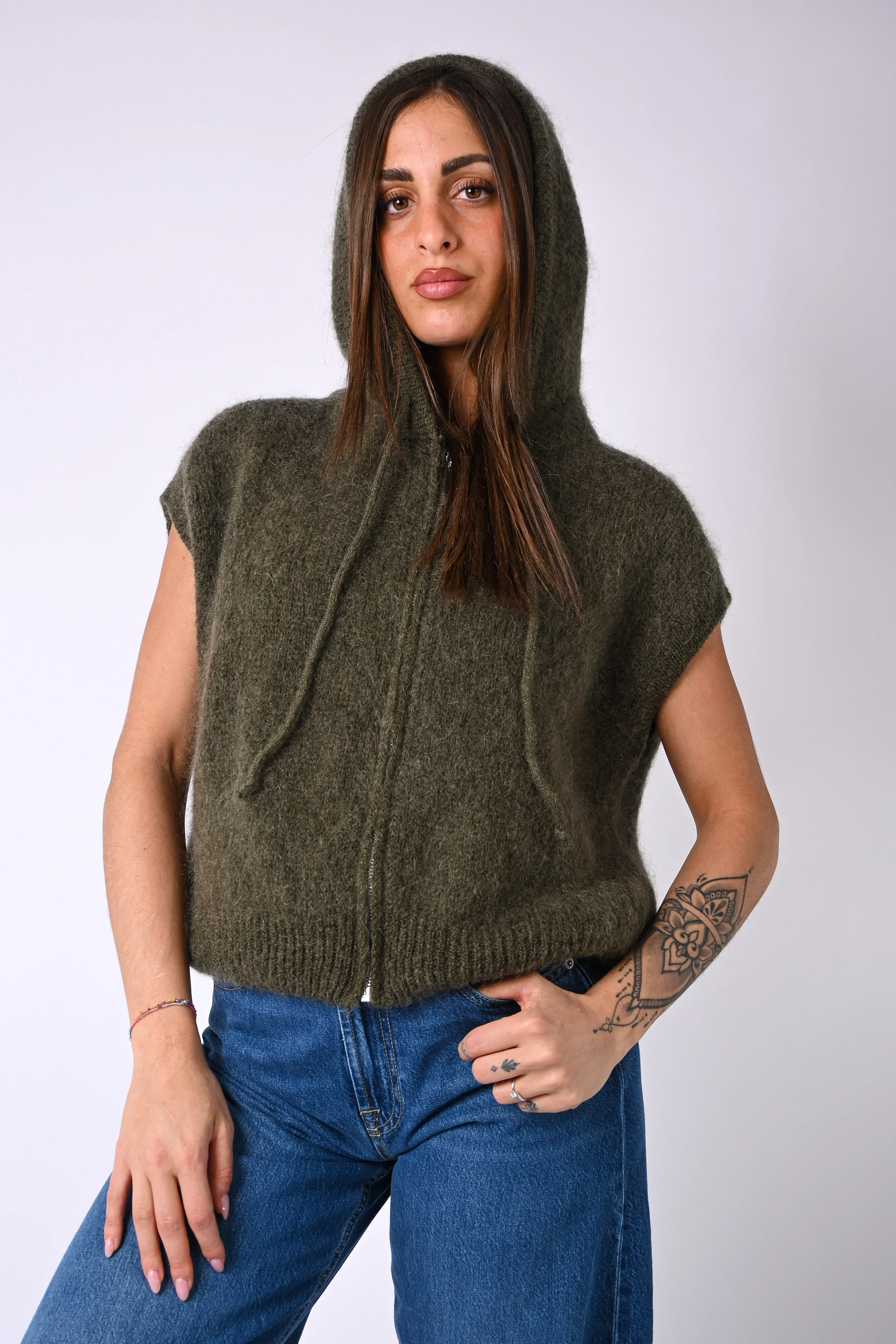 B LOVE - GILET SPORTY CON CAPUCCIO IN MOHAIR ART.8827 - MILITARE - Image 5
