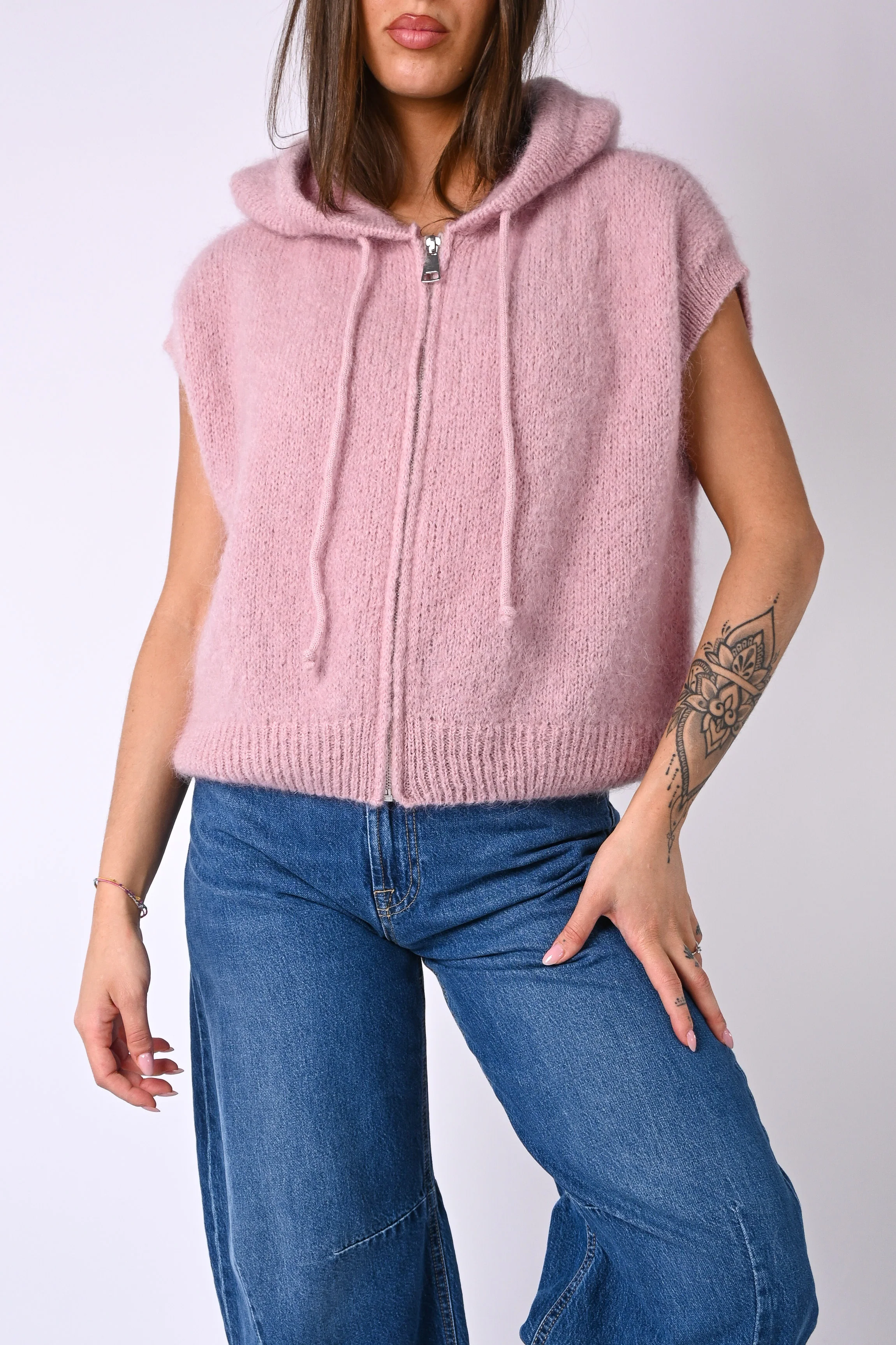 B LOVE - GILET SPORTY CON CAPUCCIO IN MOHAIR ART.8827 - ROSA