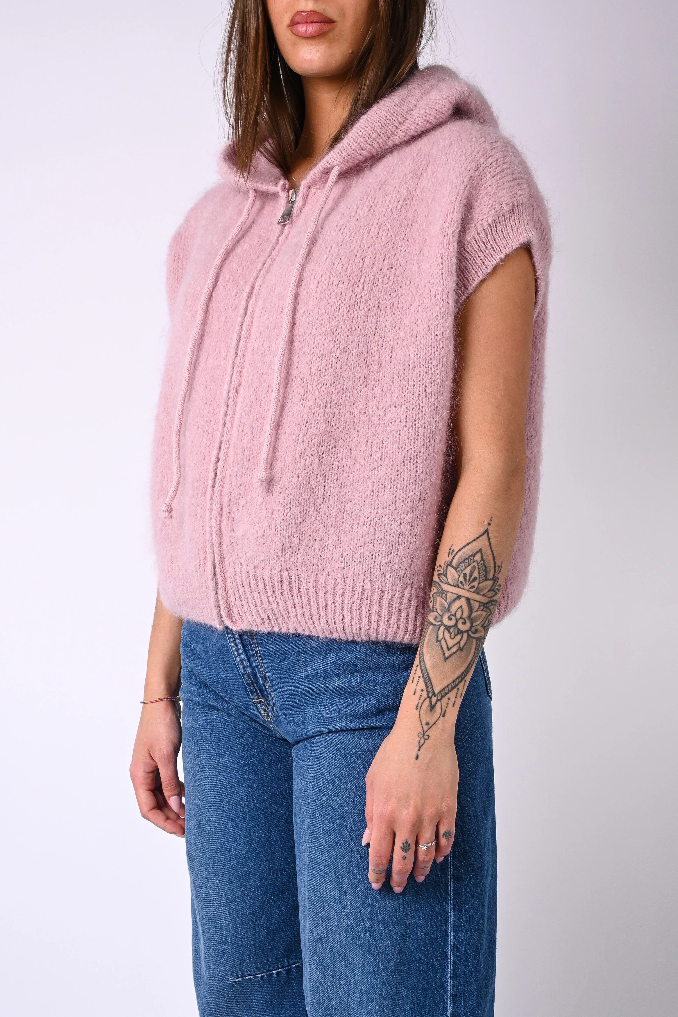 B LOVE - GILET SPORTY CON CAPUCCIO IN MOHAIR ART.8827 - ROSA - Image 3
