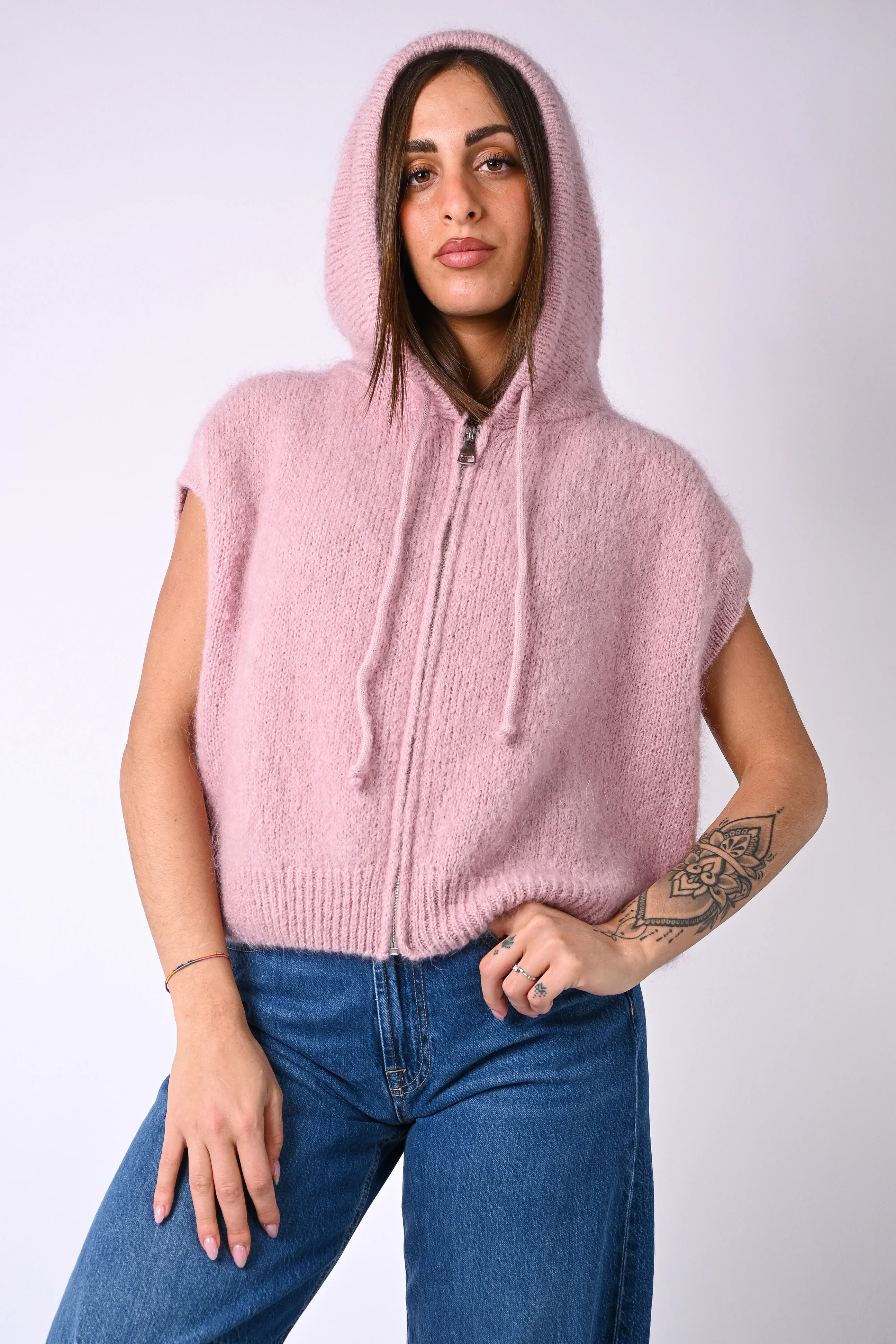 B LOVE - GILET SPORTY CON CAPUCCIO IN MOHAIR ART.8827 - ROSA - Image 5