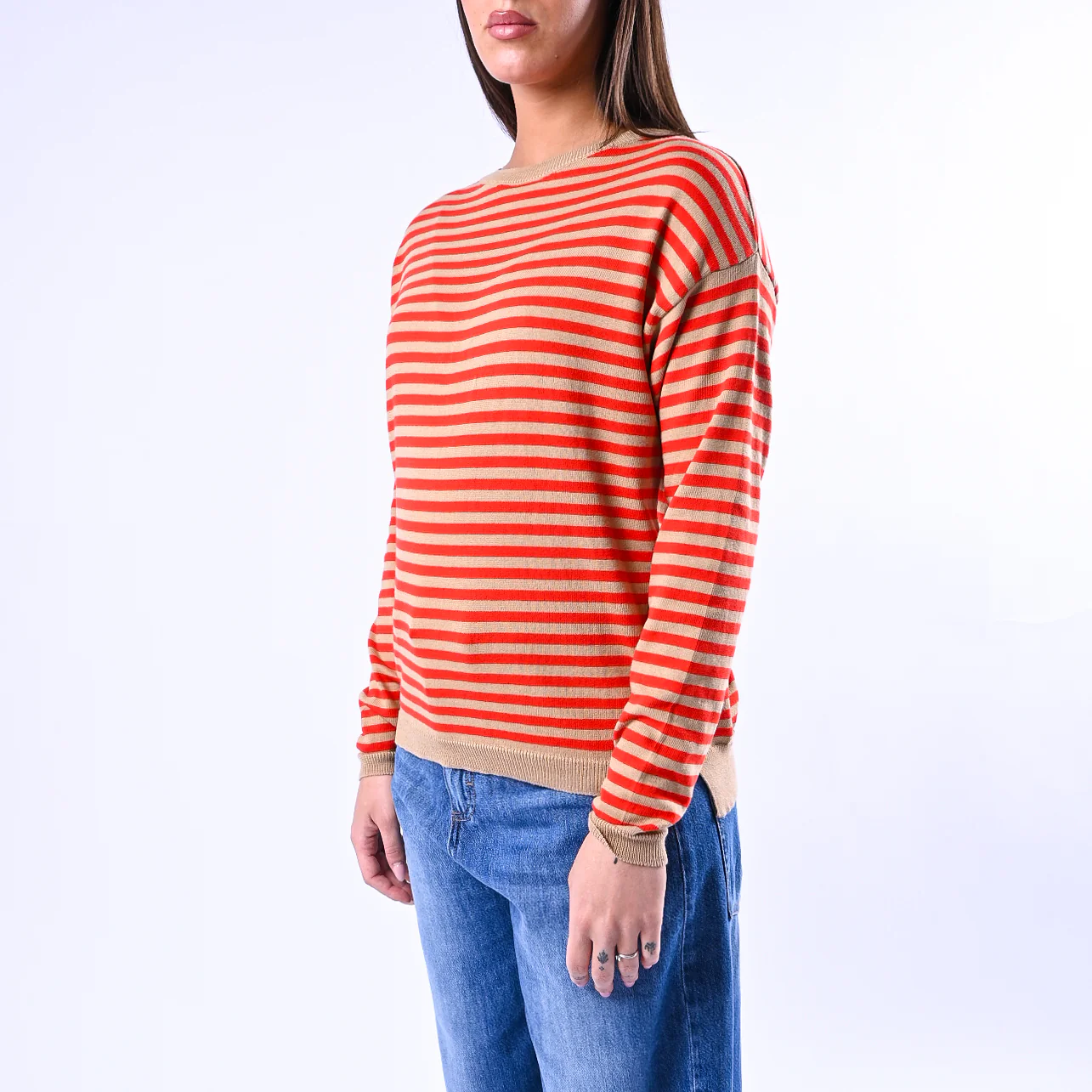 B LOVE - MAGLIA RIGHE SCOLLO BARCHETTA ART.C225 - CAMMELLO/ROSSO - Image 3