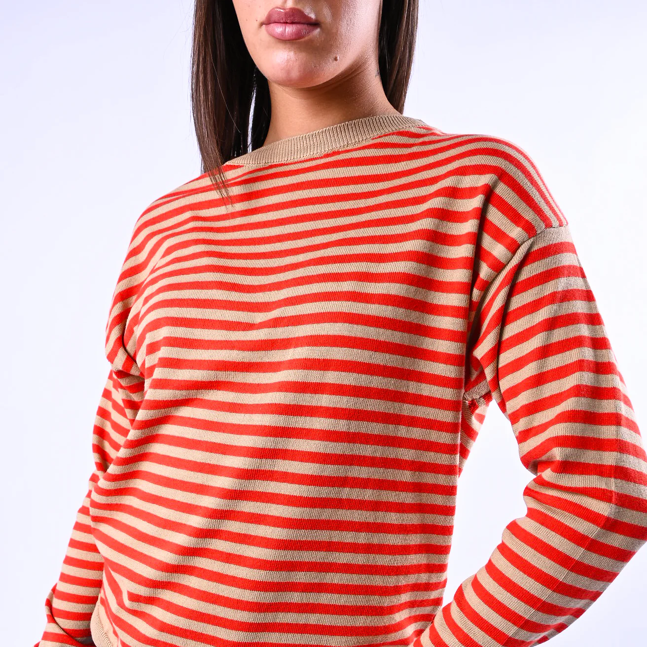 B LOVE - MAGLIA RIGHE SCOLLO BARCHETTA ART.C225 - CAMMELLO/ROSSO - Image 5