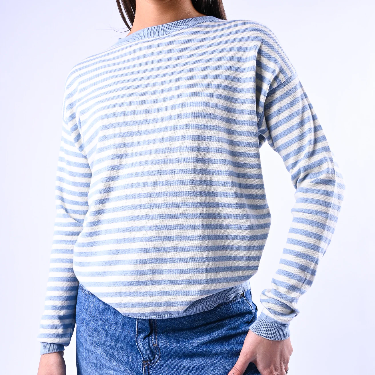 B LOVE - MAGLIA RIGHE SCOLLO BARCHETTA ART.C225 - PANNA/CELESTE - Image 5