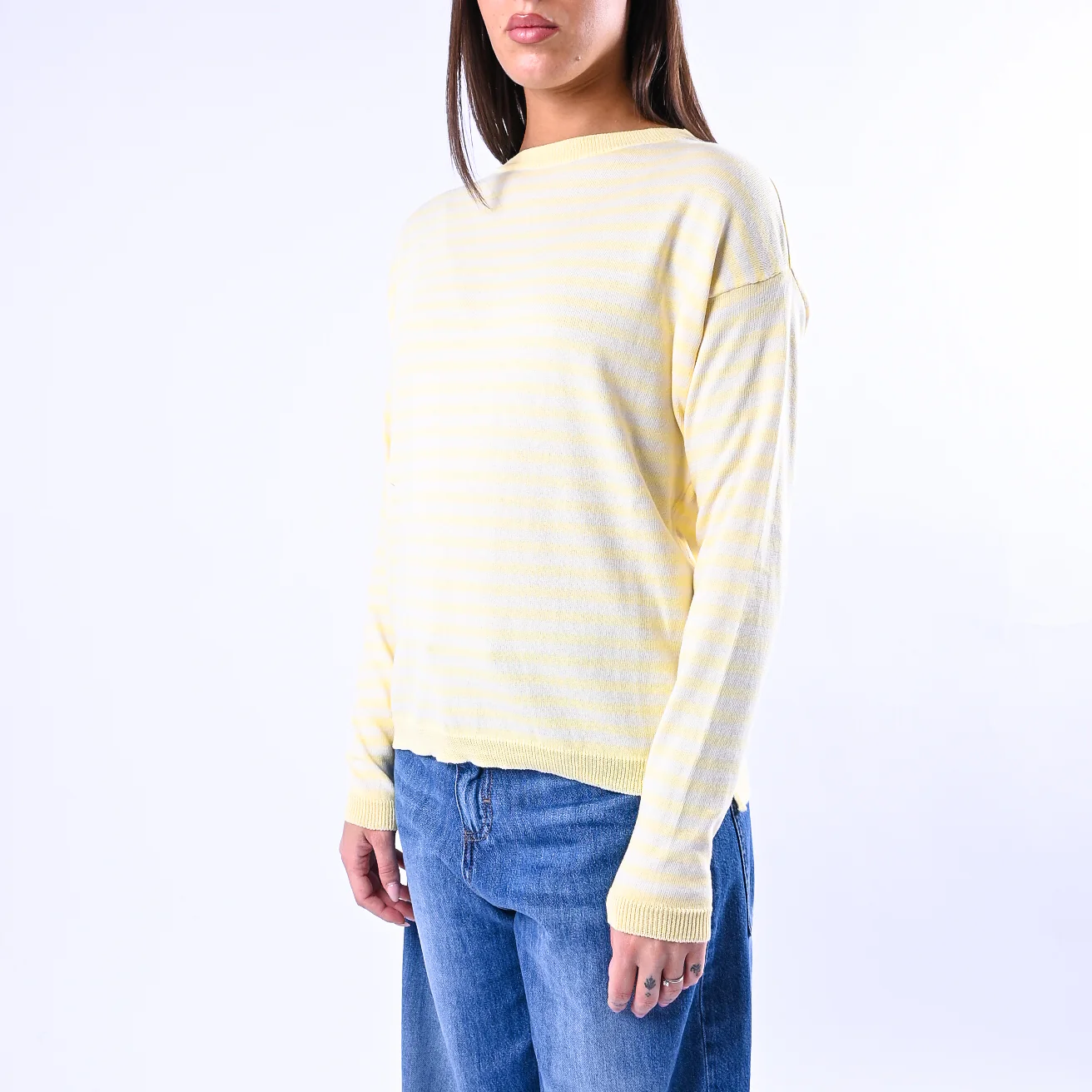 B LOVE - MAGLIA RIGHE SCOLLO BARCHETTA ART.C225 - PANNA/GIALLO - Image 3