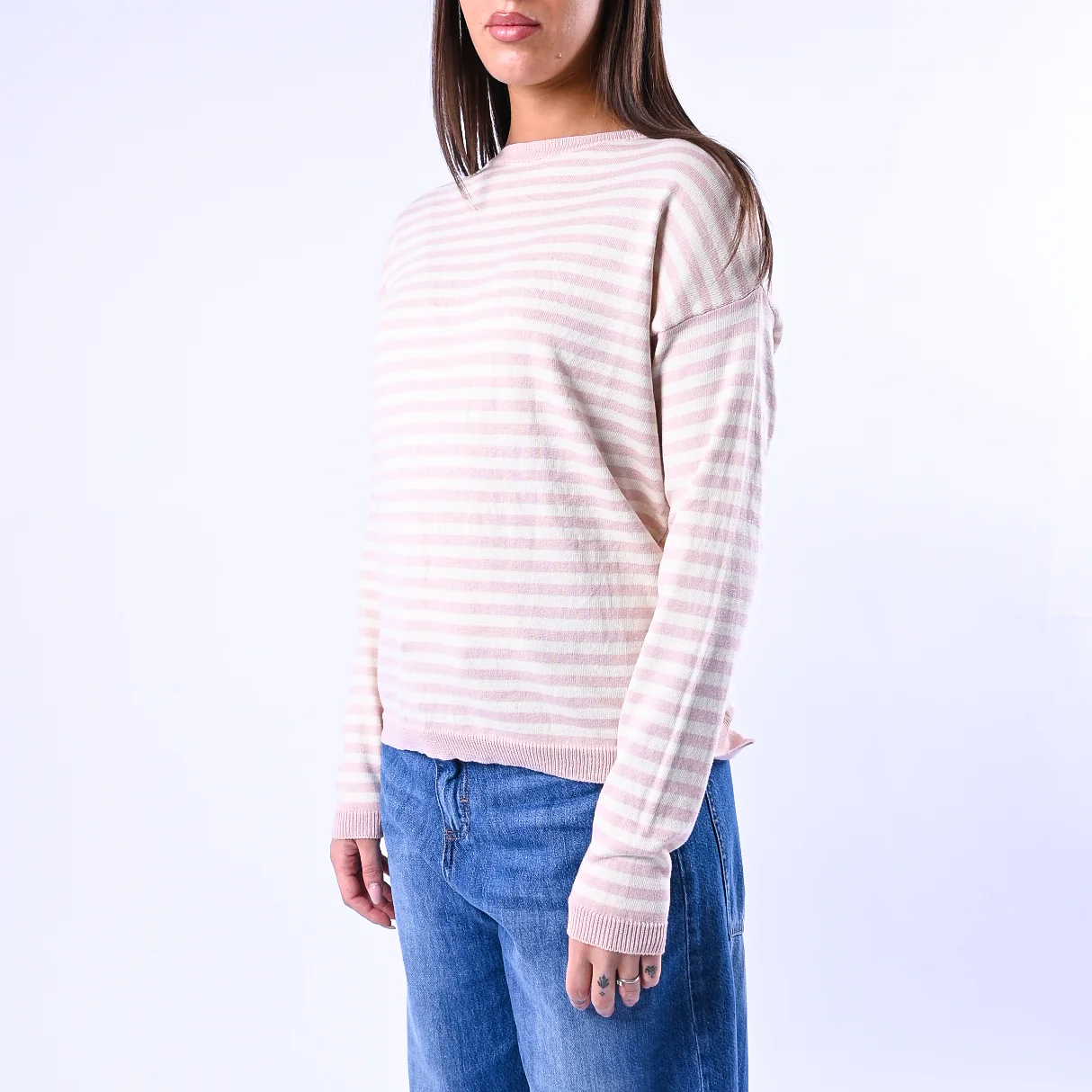 B LOVE - MAGLIA RIGHE SCOLLO BARCHETTA ART.C225 - PANNA/ROSA - Image 3