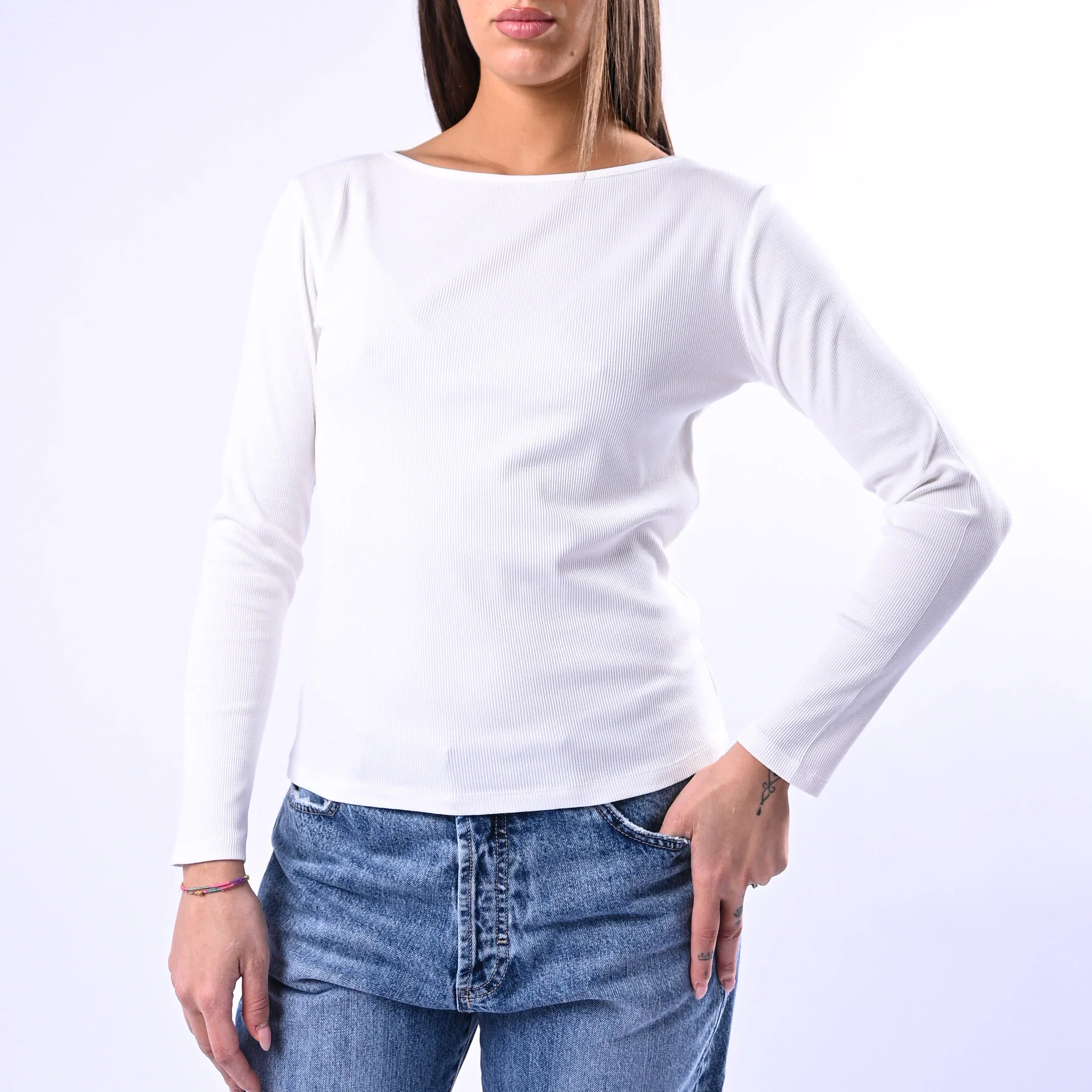 B LOVE - T-SHIRT COLLO BARCHETTA A COSTINE ART.10158 - PANNA - Image 5