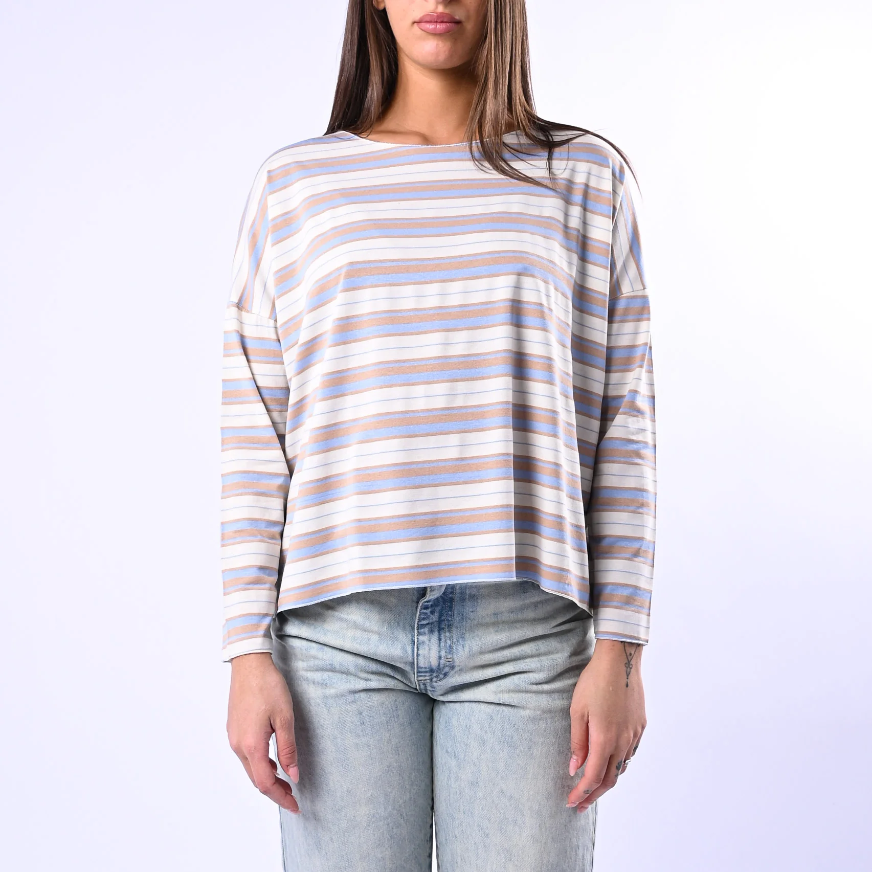 B LOVE - T-SHIRT RIGA A SCATOLA IN VISCOSA ART.10023 - PANNA/CAMMELLO/CELESTE - Image 2