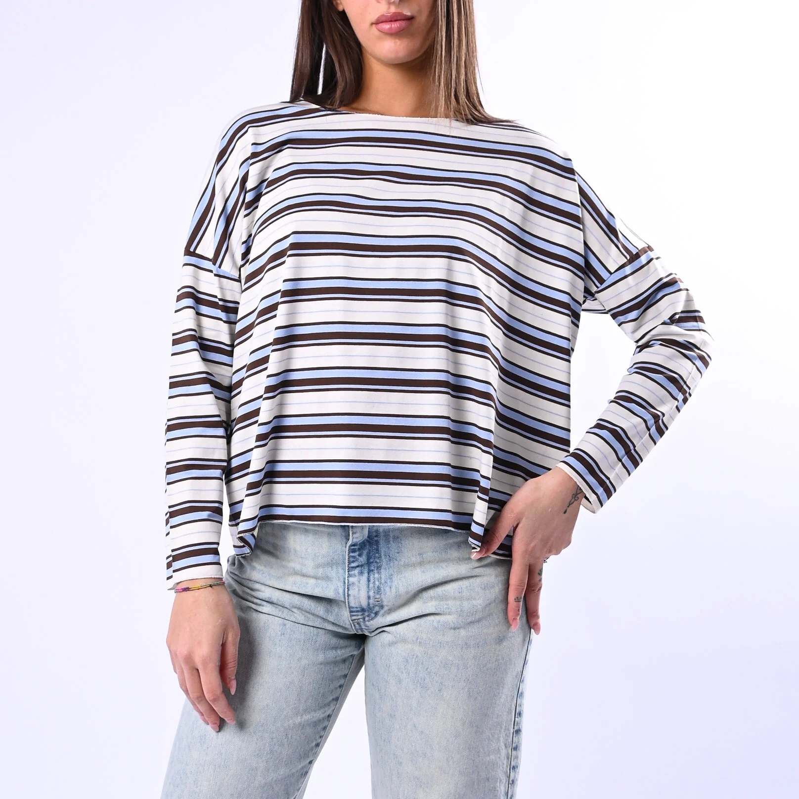 B LOVE - T-SHIRT RIGA A SCATOLA IN VISCOSA ART.10023 - PANNA/MORO/CELESTE
