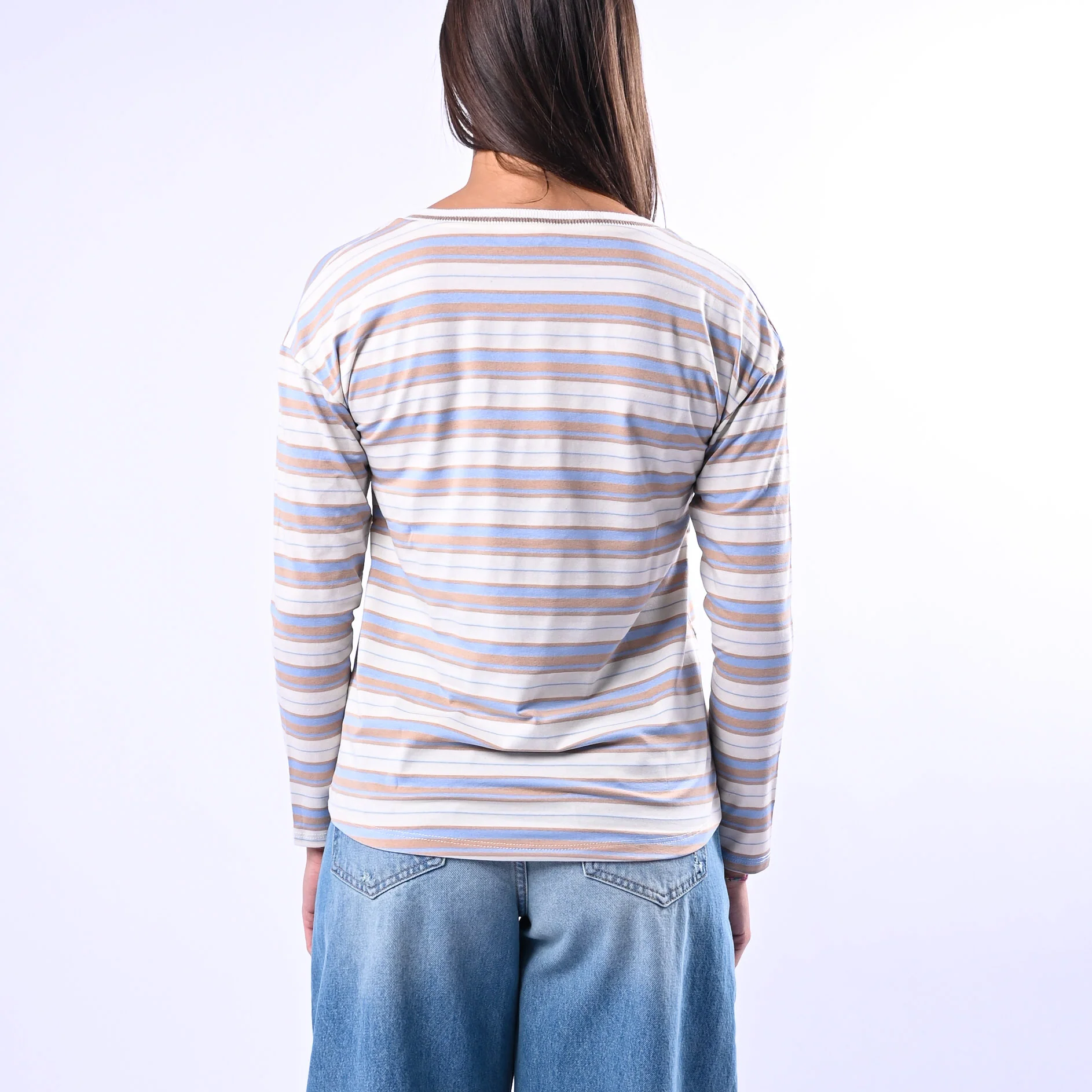 B LOVE - T-SHIRT RIGA SCOLLO V IN VISCOSA ART.12035 - PANNA/CAMMELLO/CELESTE - Image 4