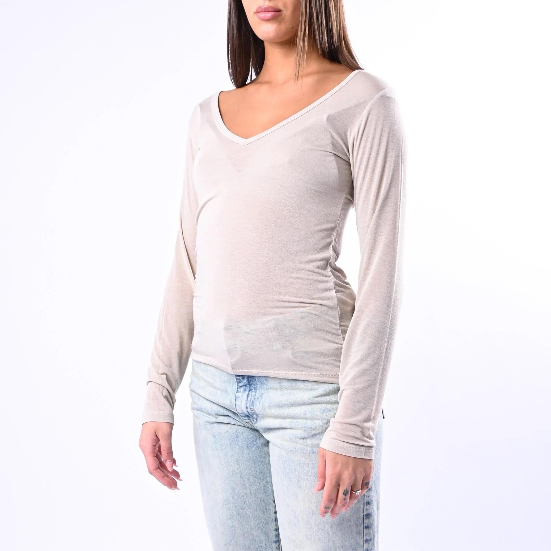 B LOVE - T-SHIRT SCOLLO V MISTO SETA ART.9490 - BEIGE - Image 3