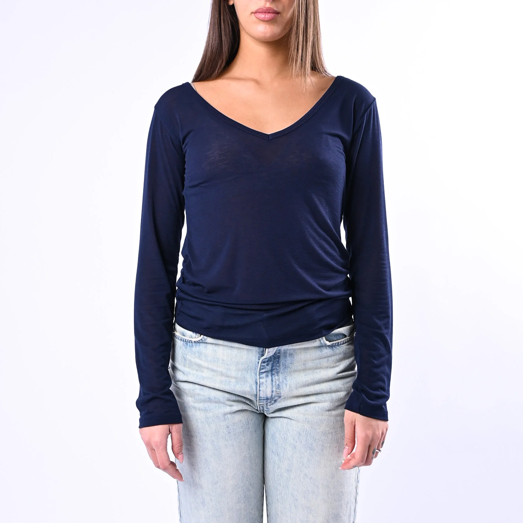 B LOVE - T-SHIRT SCOLLO V MISTO SETA ART.9490 - BLU - Image 2