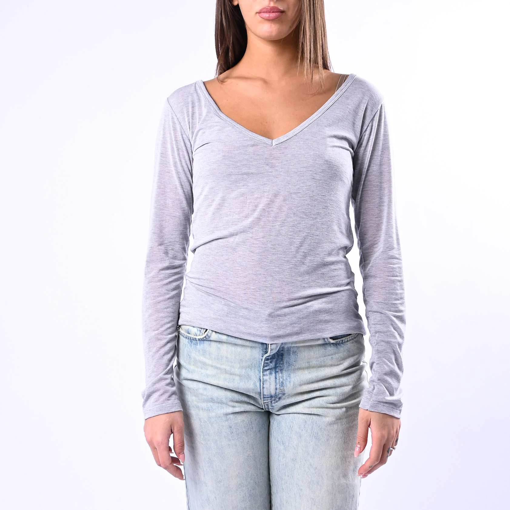B LOVE - T-SHIRT SCOLLO V MISTO SETA ART.9490 - GRIGIO MELANGE - Image 2