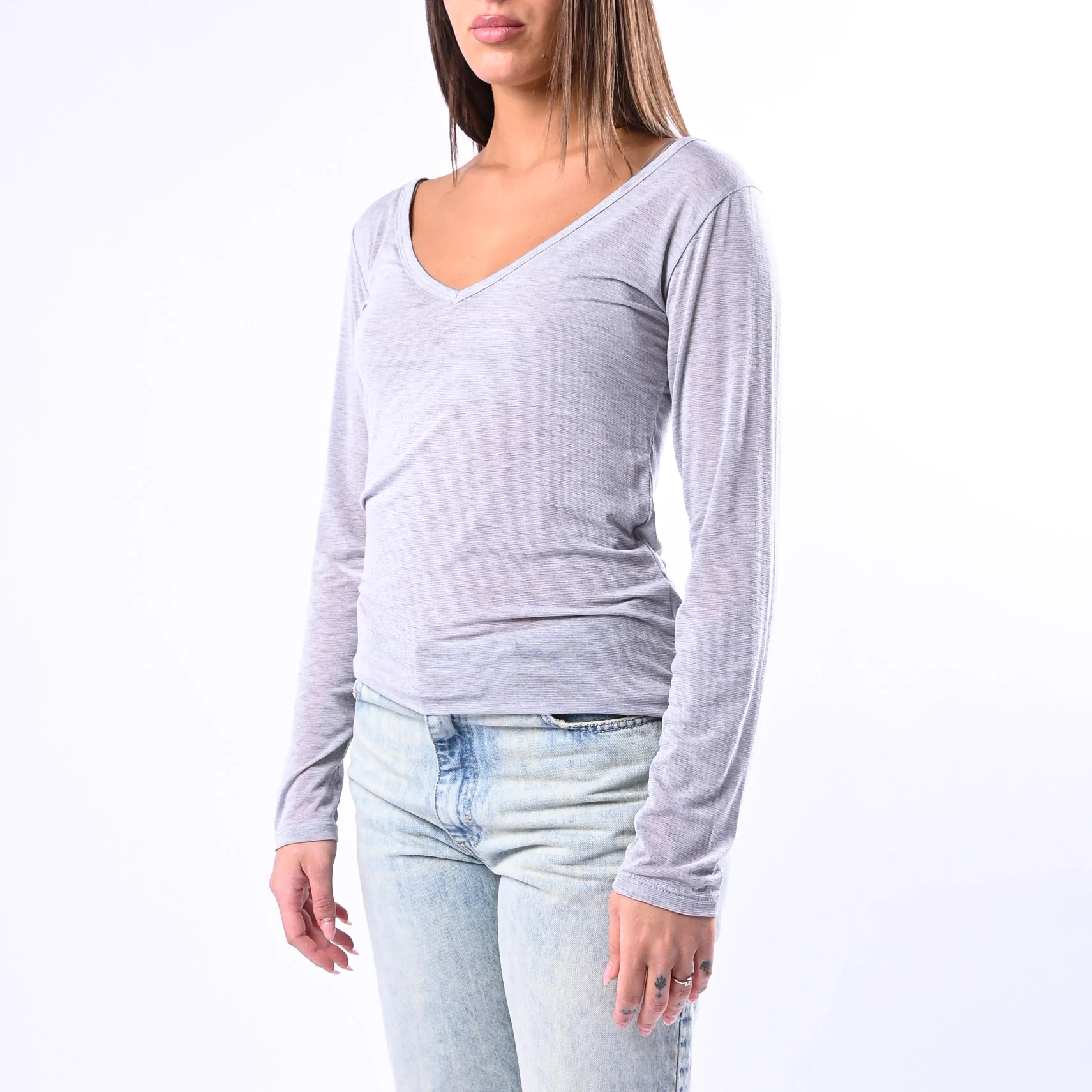 B LOVE - T-SHIRT SCOLLO V MISTO SETA ART.9490 - GRIGIO MELANGE - Image 3
