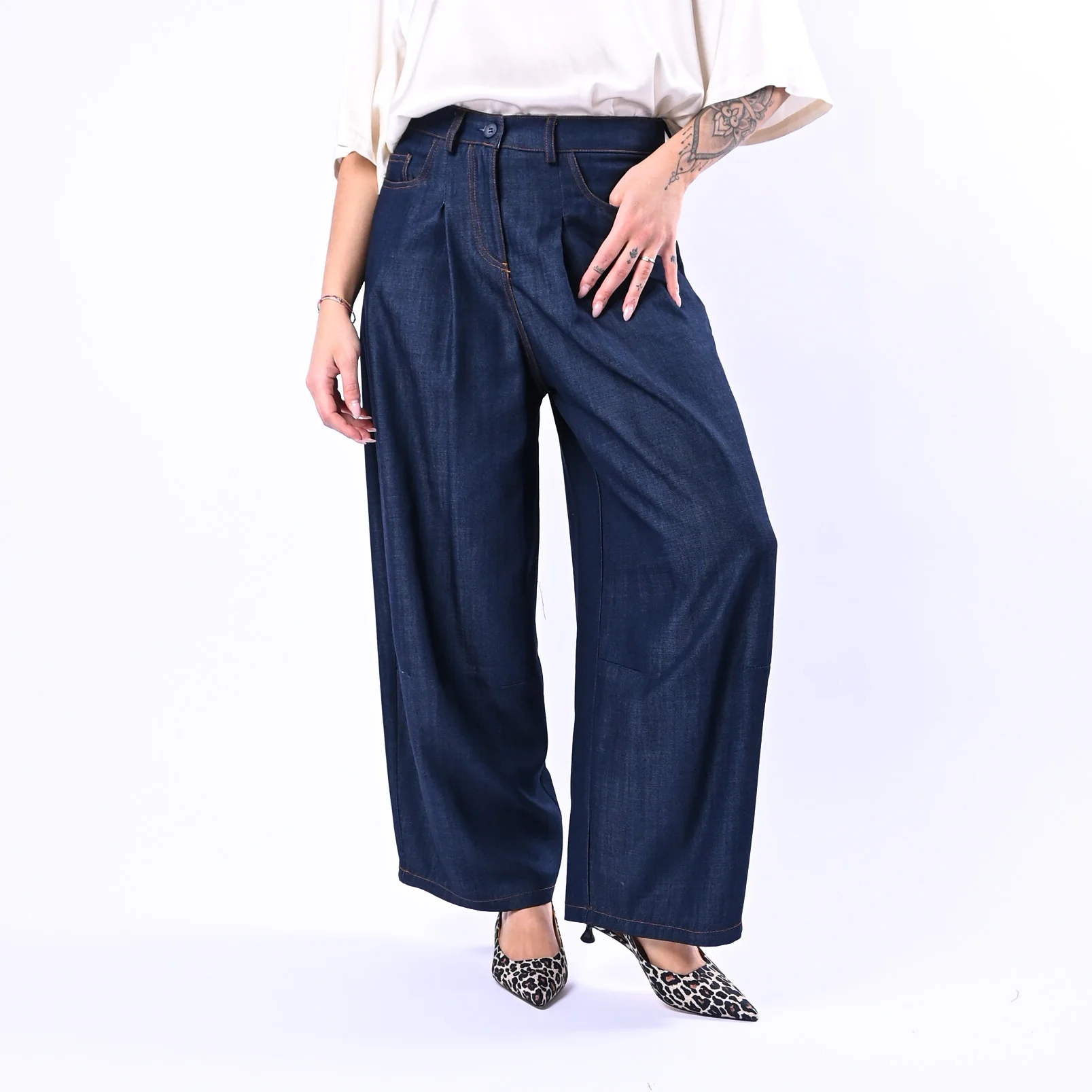 GOLD - PANTALONE TENCEL BALLOON CON PINCE ART.18092/2396 - DENIM SCURO
