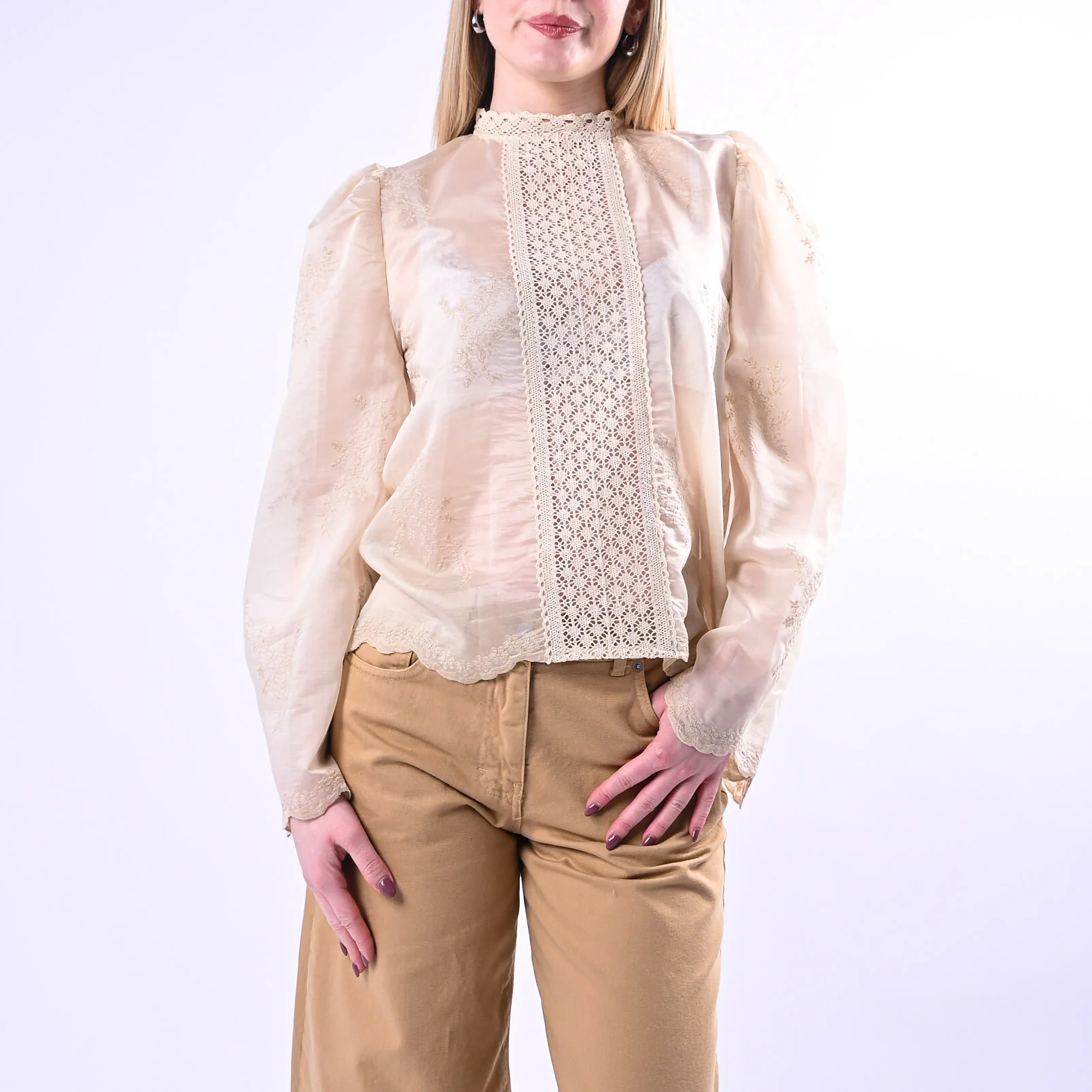 HAVEONE - BLUSA CON PASSAMANERIA MANICA SBUFFO ART.CMA-Q199 - BEIGE - Image 2