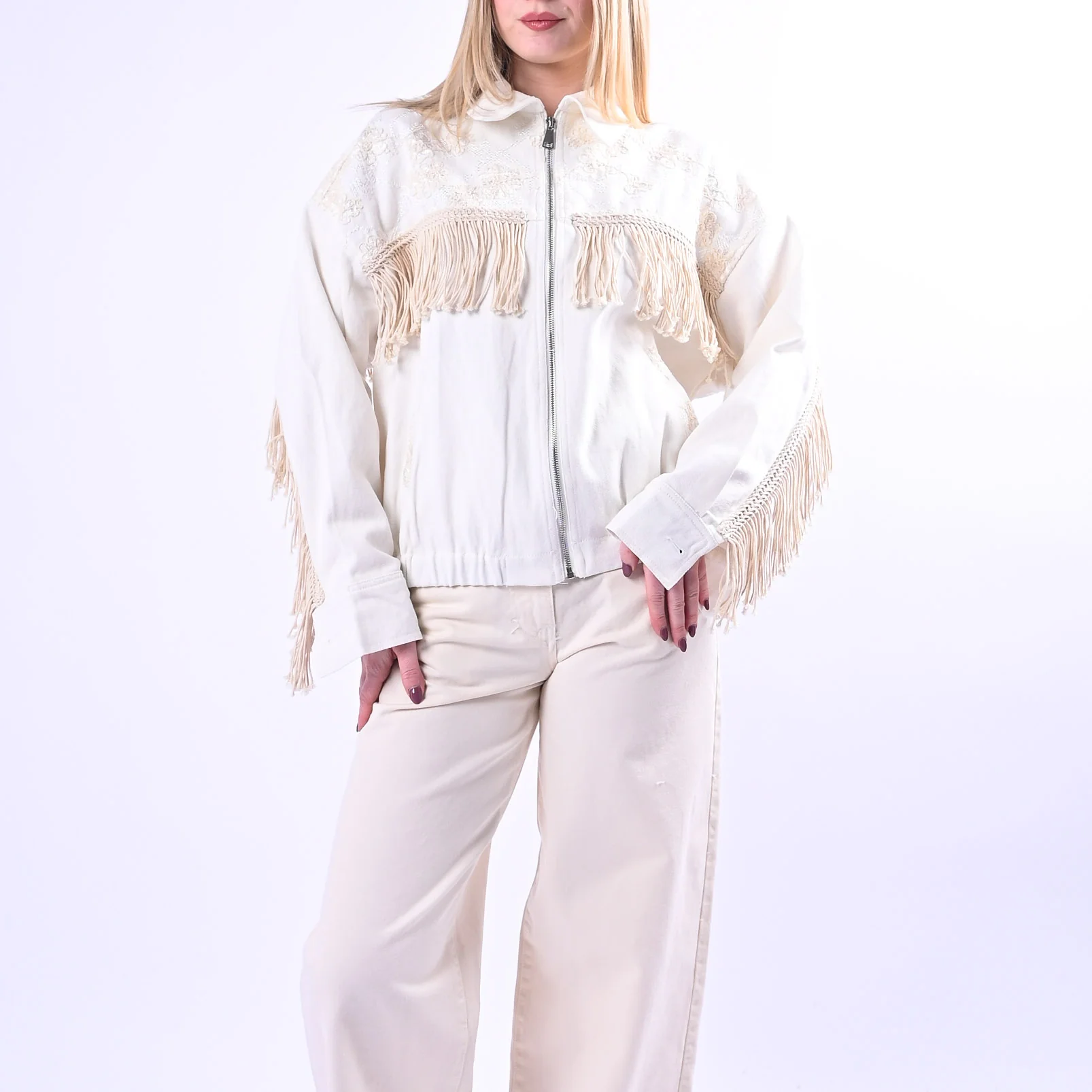 HAVEONE - BOMBER BULL DENIM CON RICAMO E FRANGE ART.JSS-Q093 - BIANCO
