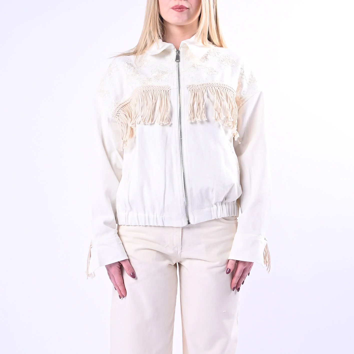 HAVEONE - BOMBER BULL DENIM CON RICAMO E FRANGE ART.JSS-Q093 - BIANCO - Image 2