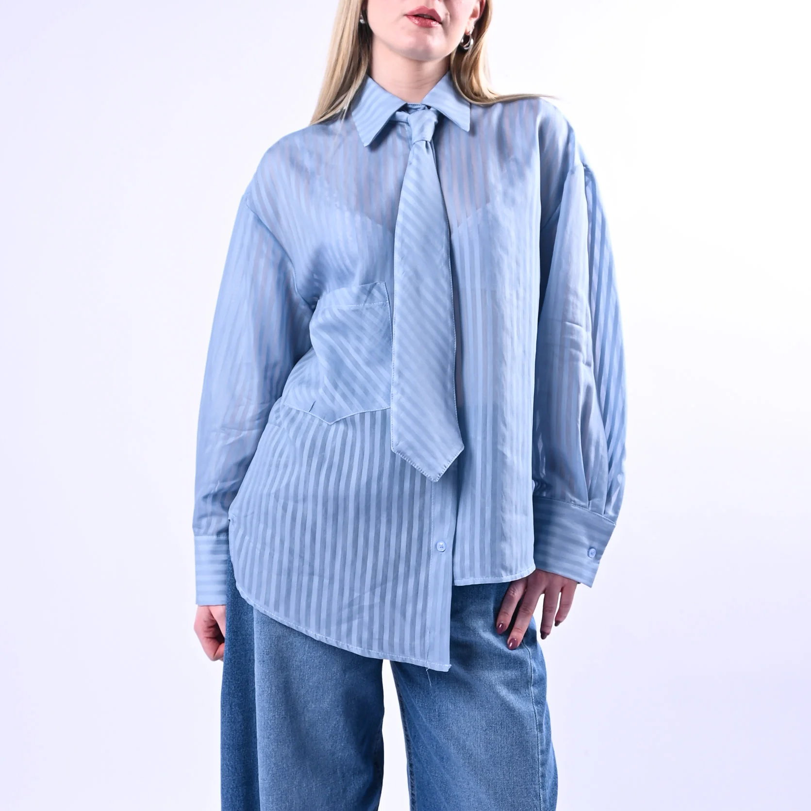 HAVEONE - CAMICIA ASIMMETRICA CON CRAVATTA ART.CVS-Q196 - CELESTE