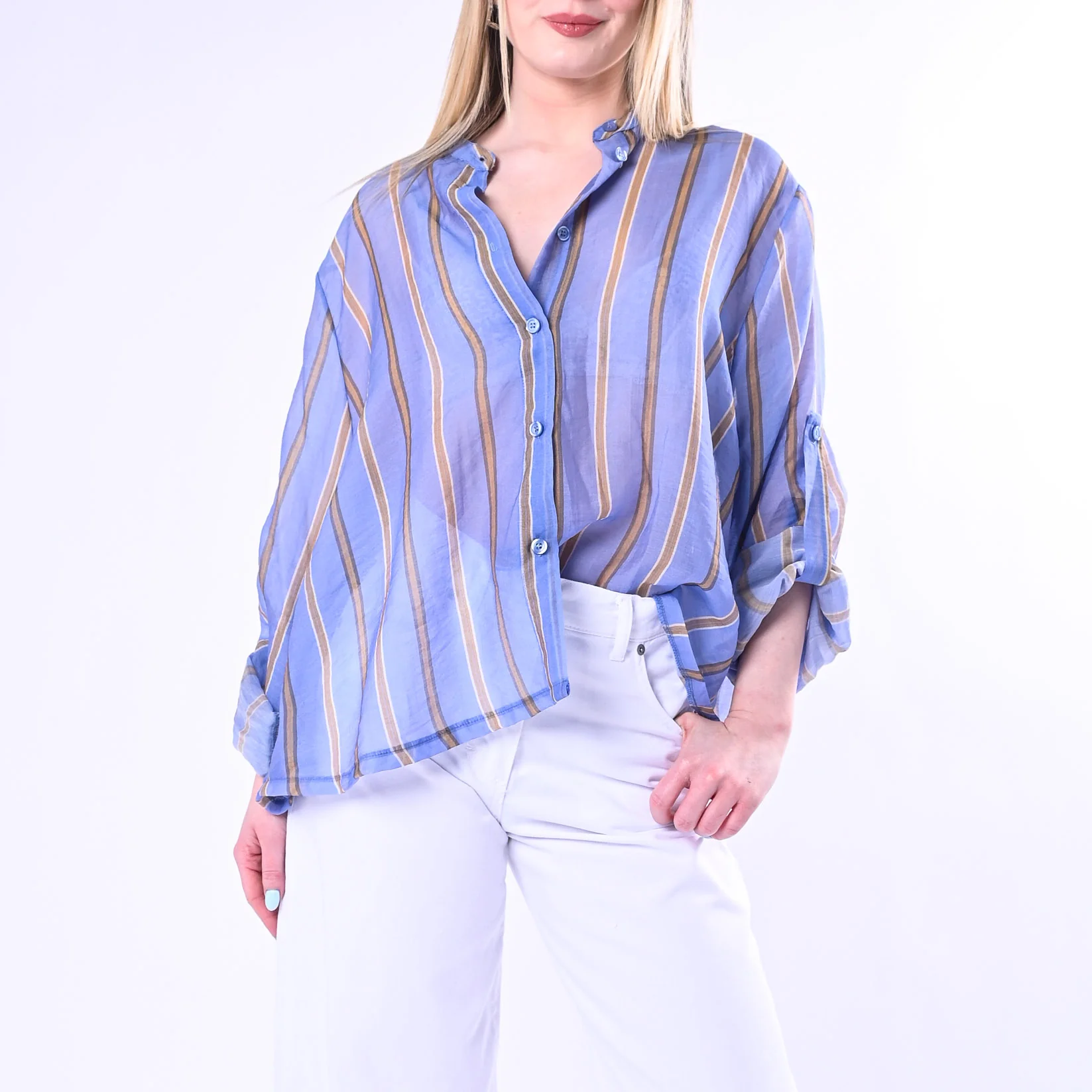 HAVEONE - CAMICIA OVER GESSATA IN LYOCELL ART.CVS-Q361/CM - CELESTE/CAMMELLO