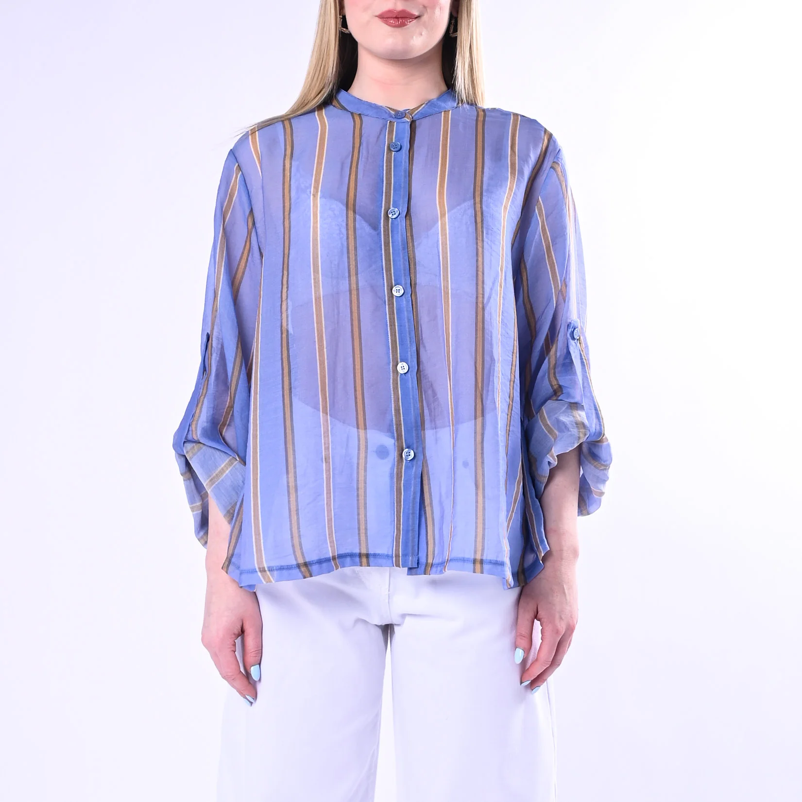 HAVEONE - CAMICIA OVER GESSATA IN LYOCELL ART.CVS-Q361/CM - CELESTE/CAMMELLO - Image 2