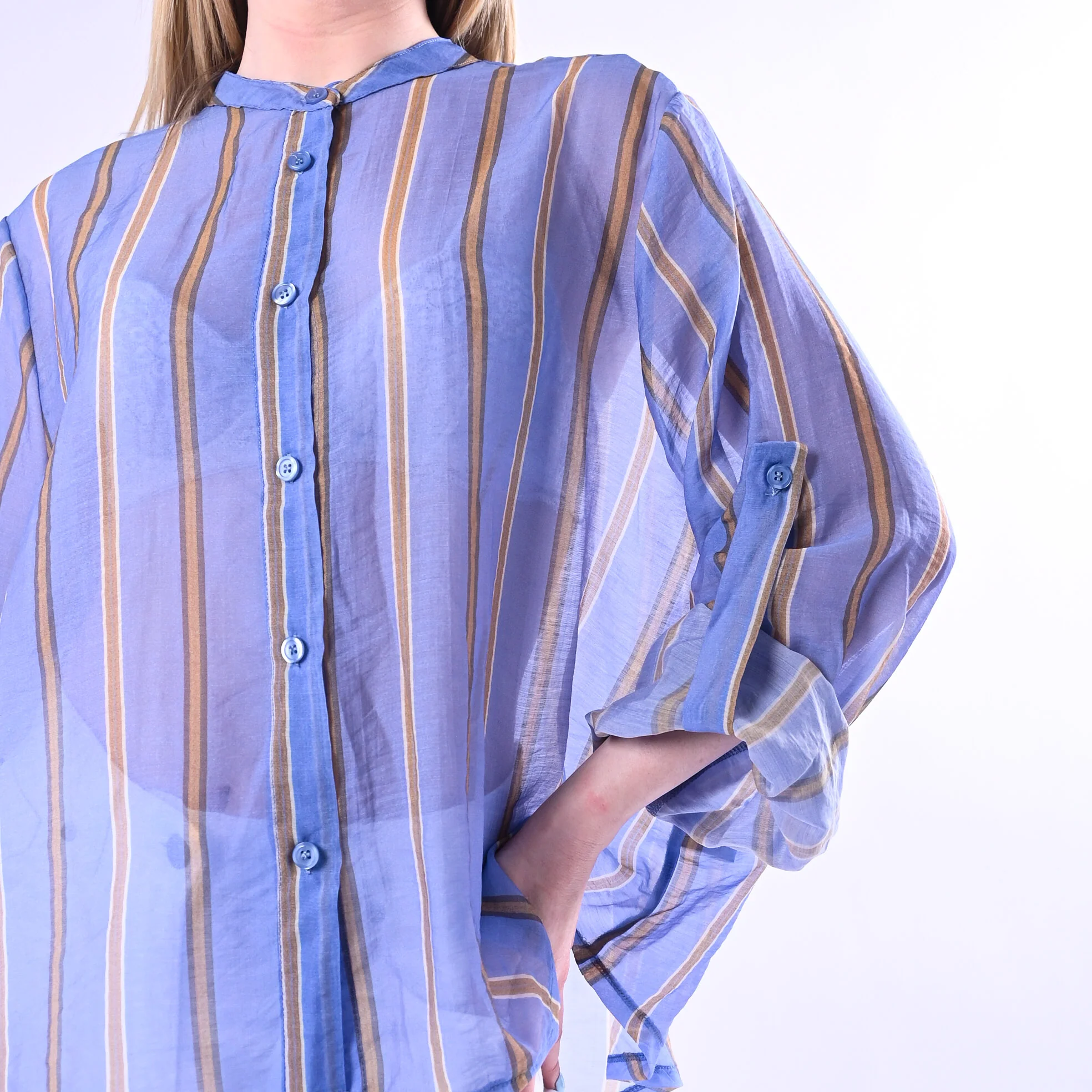 HAVEONE - CAMICIA OVER GESSATA IN LYOCELL ART.CVS-Q361/CM - CELESTE/CAMMELLO - Image 5