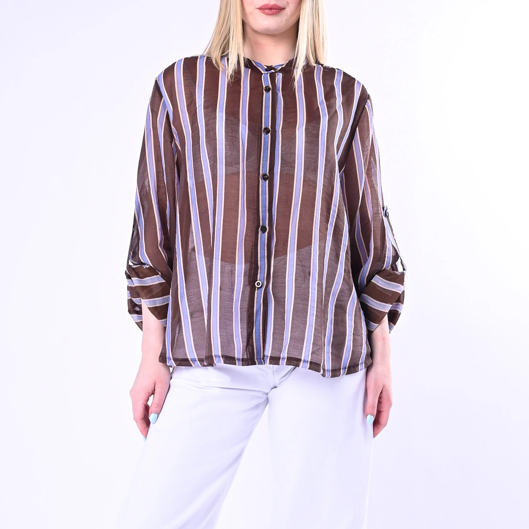 HAVEONE - CAMICIA OVER GESSATA IN LYOCELL ART.CVS-Q361/MC - MORO/CELESTE - Image 2