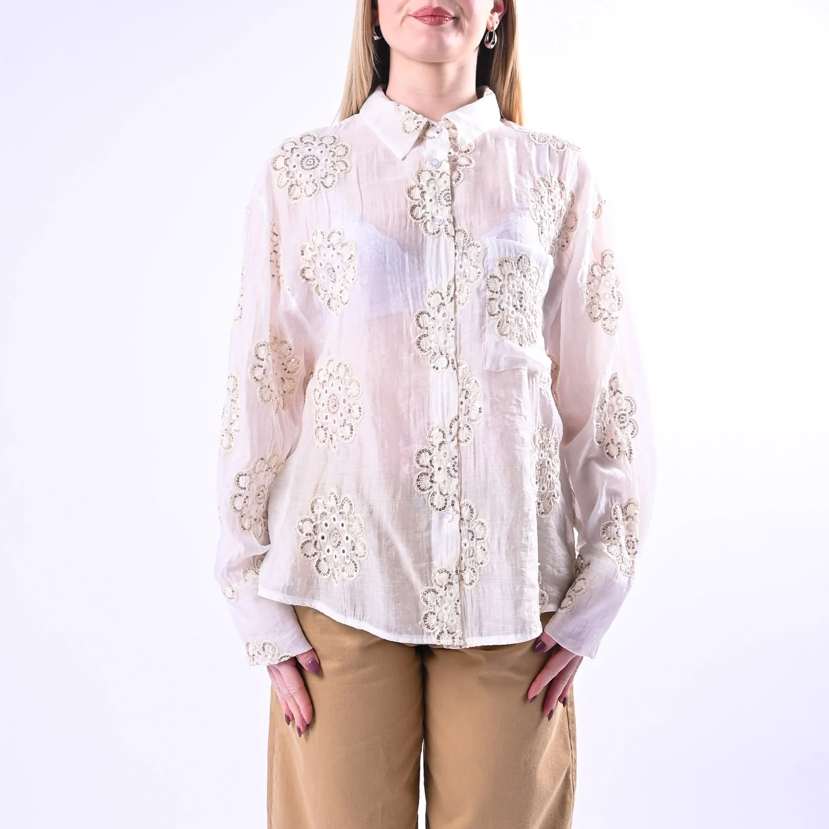 HAVEONE - CAMICIA RICAMO FIORE CON PIALLETTES ART.CFW-Q167 - BURRO - Image 2