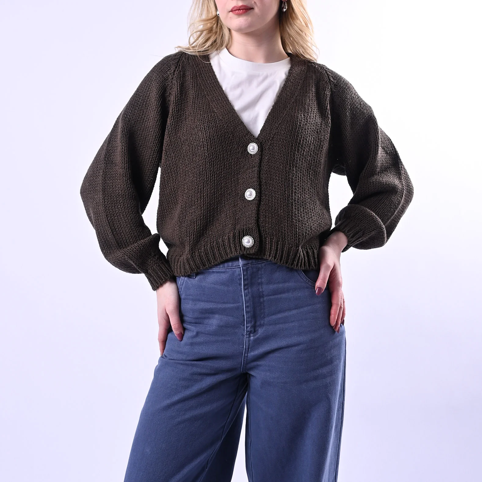 HAVEONE - CARDIGAN CORTO BOTTONE GIOIELLO ART.JIT-Q010 - MORO