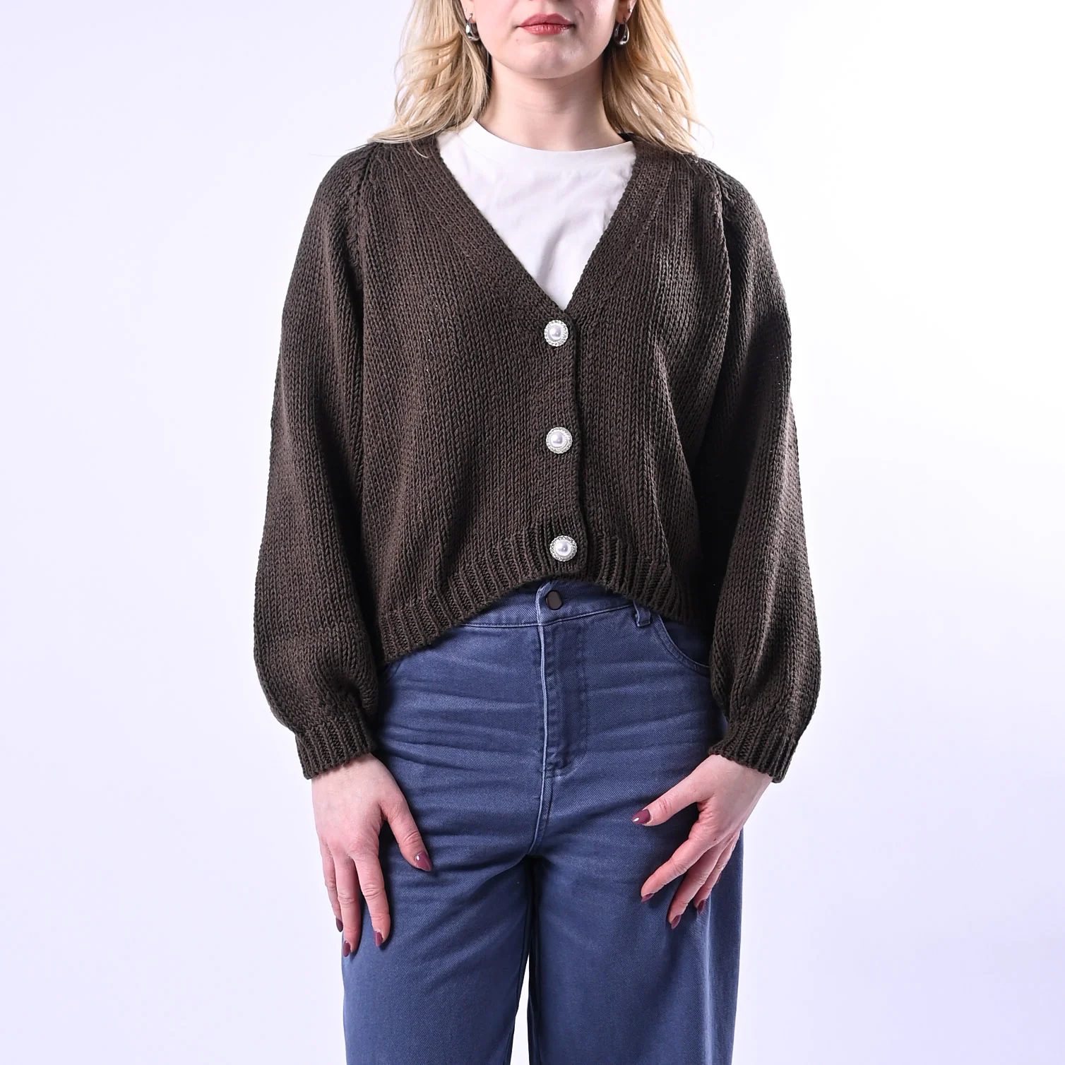 HAVEONE - CARDIGAN CORTO BOTTONE GIOIELLO ART.JIT-Q010 - MORO - Image 2