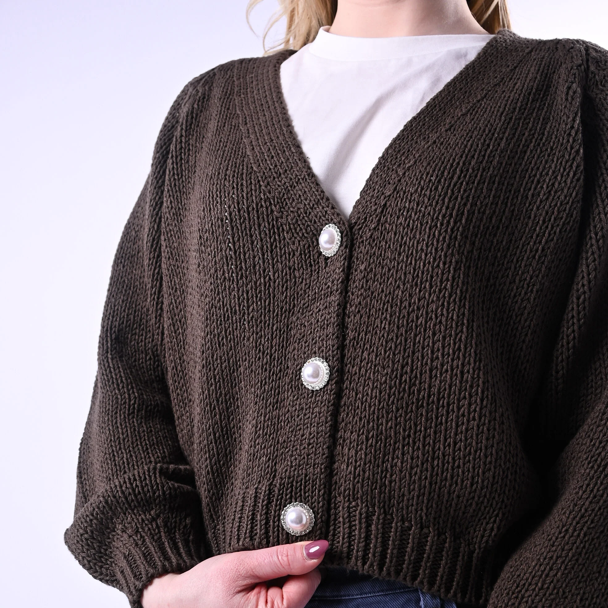 HAVEONE - CARDIGAN CORTO BOTTONE GIOIELLO ART.JIT-Q010 - MORO - Image 5