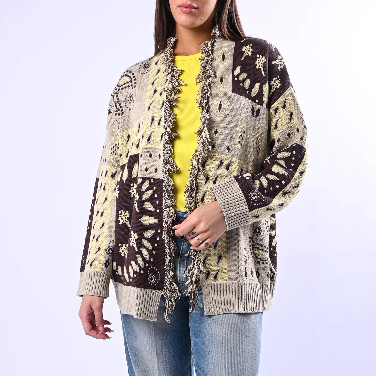 HAVEONE - CARDIGAN FANTASIA PATCH BANDANA ART.MFP-Q081 - SABBIA/MORO/GIALLO