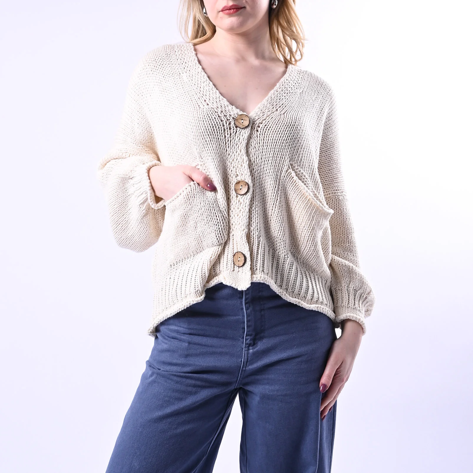 HAVEONE - CARDIGAN OVER BOTTONI LEGNO ART.JIT-Q007 - BURRO