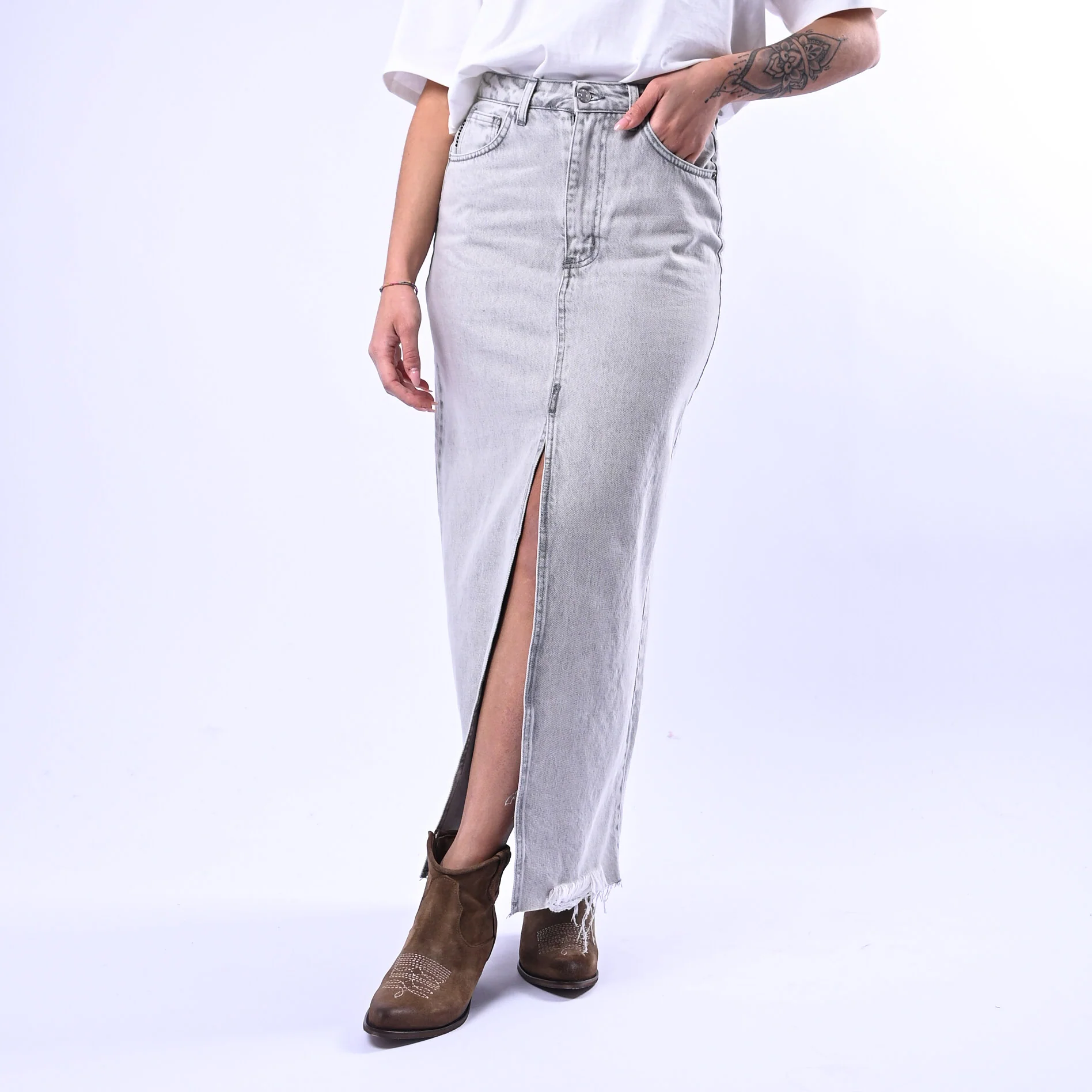 HAVEONE - GONNA LONGUETTE DENIM CON SPACCO ART.GGZ-Q030 - GRIGIO