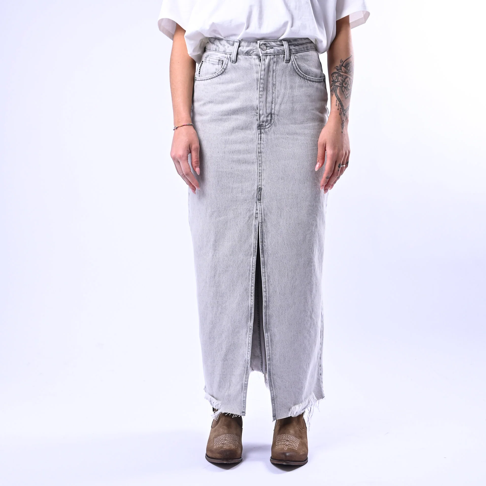 HAVEONE - GONNA LONGUETTE DENIM CON SPACCO ART.GGZ-Q030 - GRIGIO - Image 2