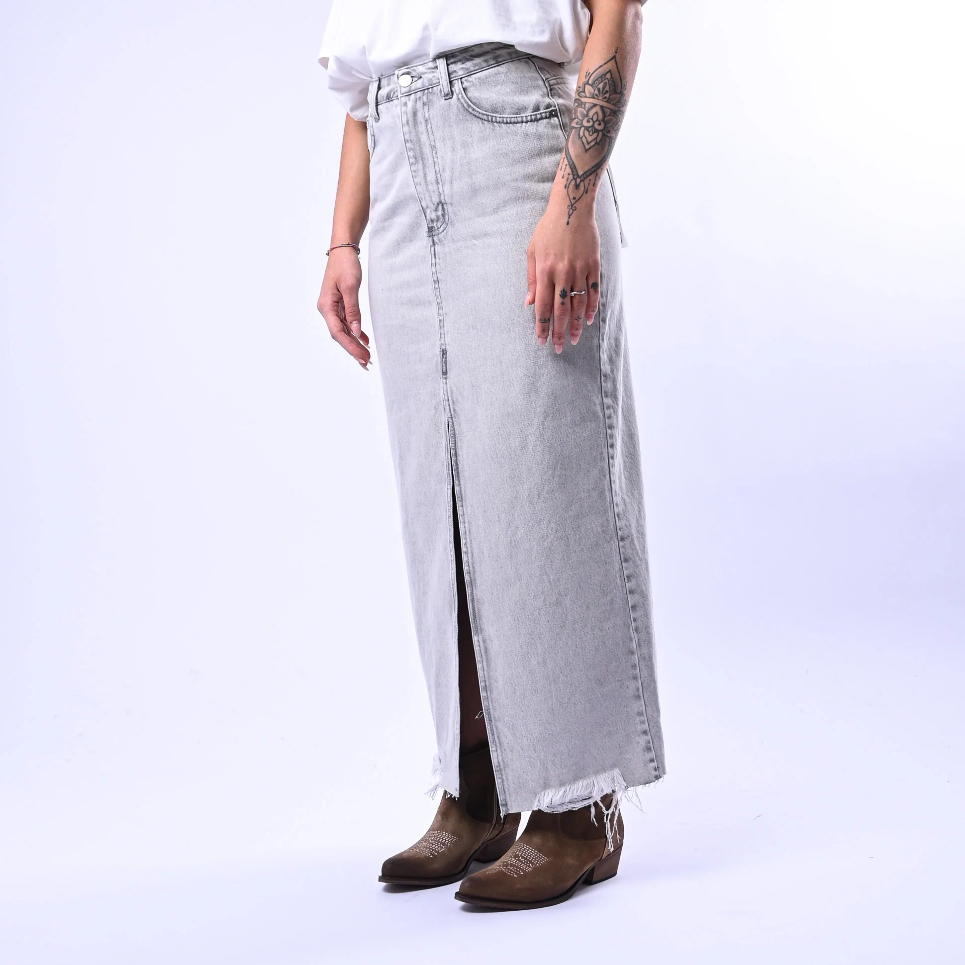 HAVEONE - GONNA LONGUETTE DENIM CON SPACCO ART.GGZ-Q030 - GRIGIO - Image 3