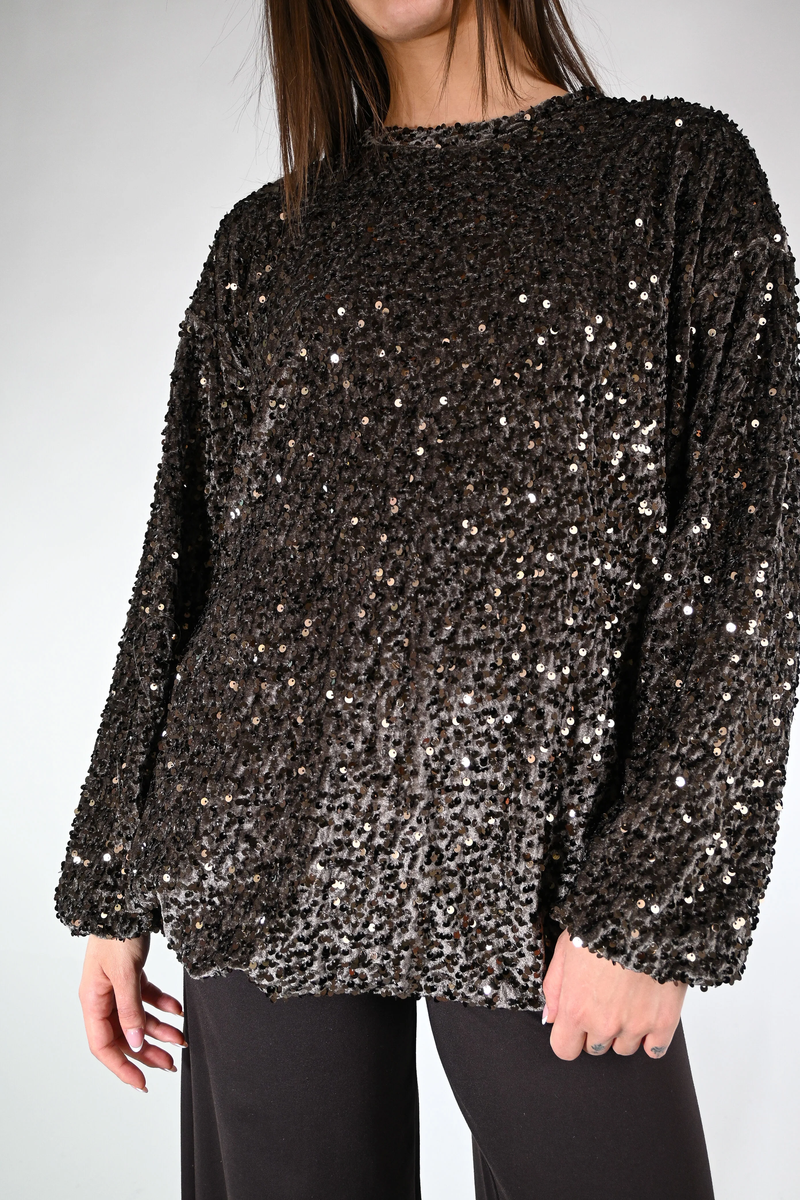 HAVEONE - MAGLIA/FELPA OVER CON PAILLETTES ART.FJK-P048 - MORO - Image 5