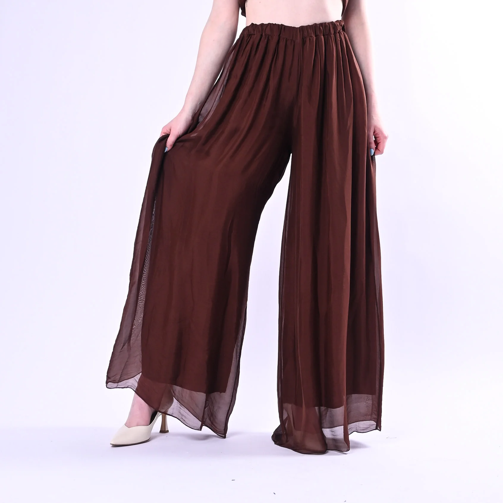 HAVEONE - PANTALONE AMPIO FLUIDO IN SETA/VISCOSA ART.PCH-Q007/C - CIOCCOLATO