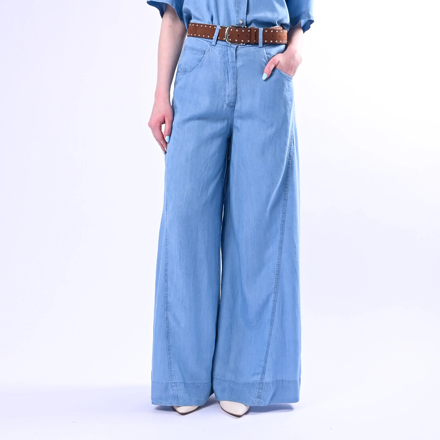 HAVEONE - PANTALONE CHAMBRAY WIDE LEG ART.PVS-Q393/C - CELESTE