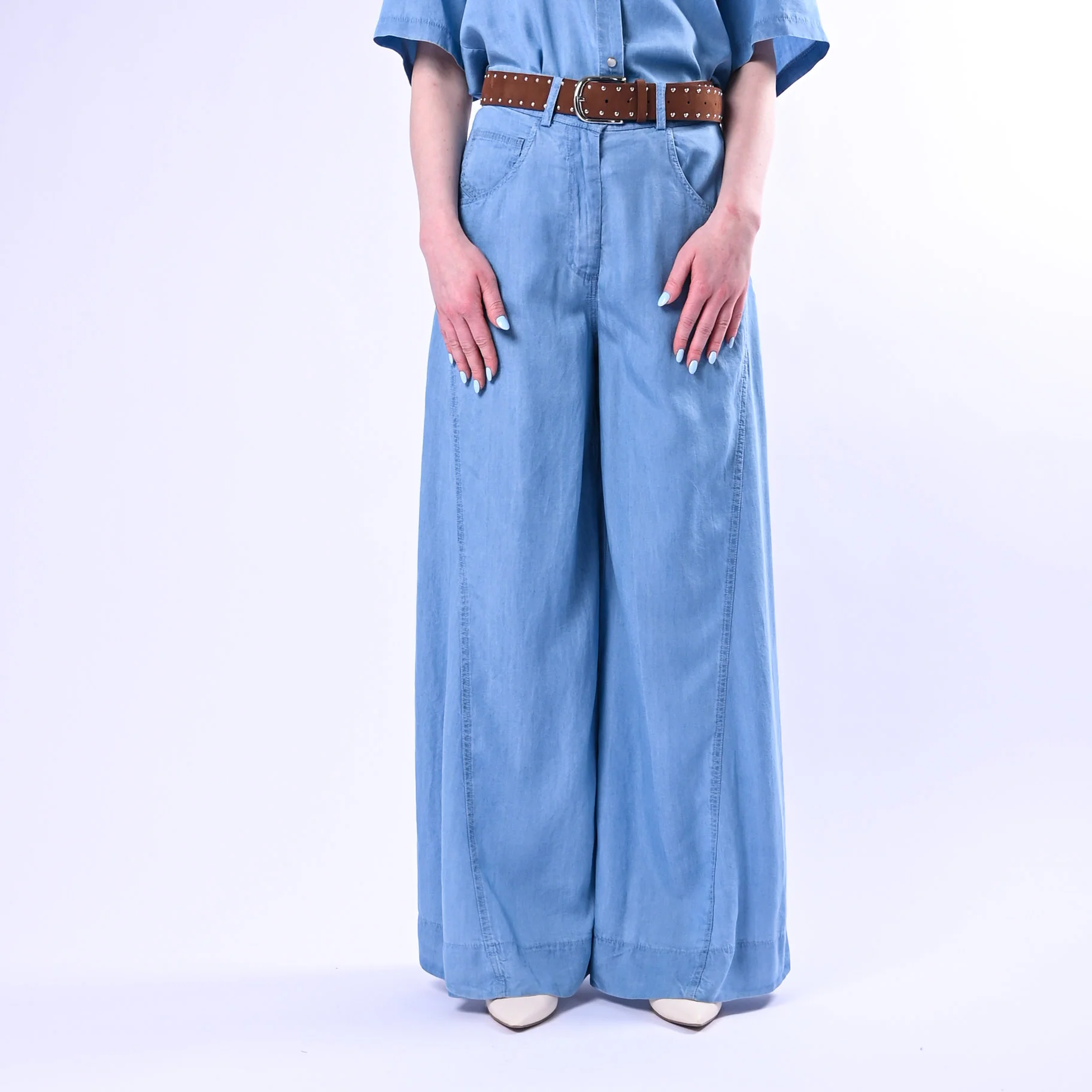 HAVEONE - PANTALONE CHAMBRAY WIDE LEG ART.PVS-Q393/C - CELESTE - Image 2