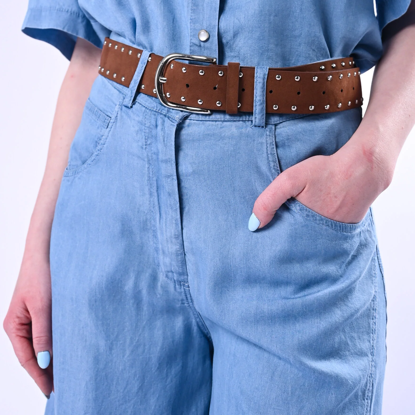 HAVEONE - PANTALONE CHAMBRAY WIDE LEG ART.PVS-Q393/C - CELESTE - Image 5