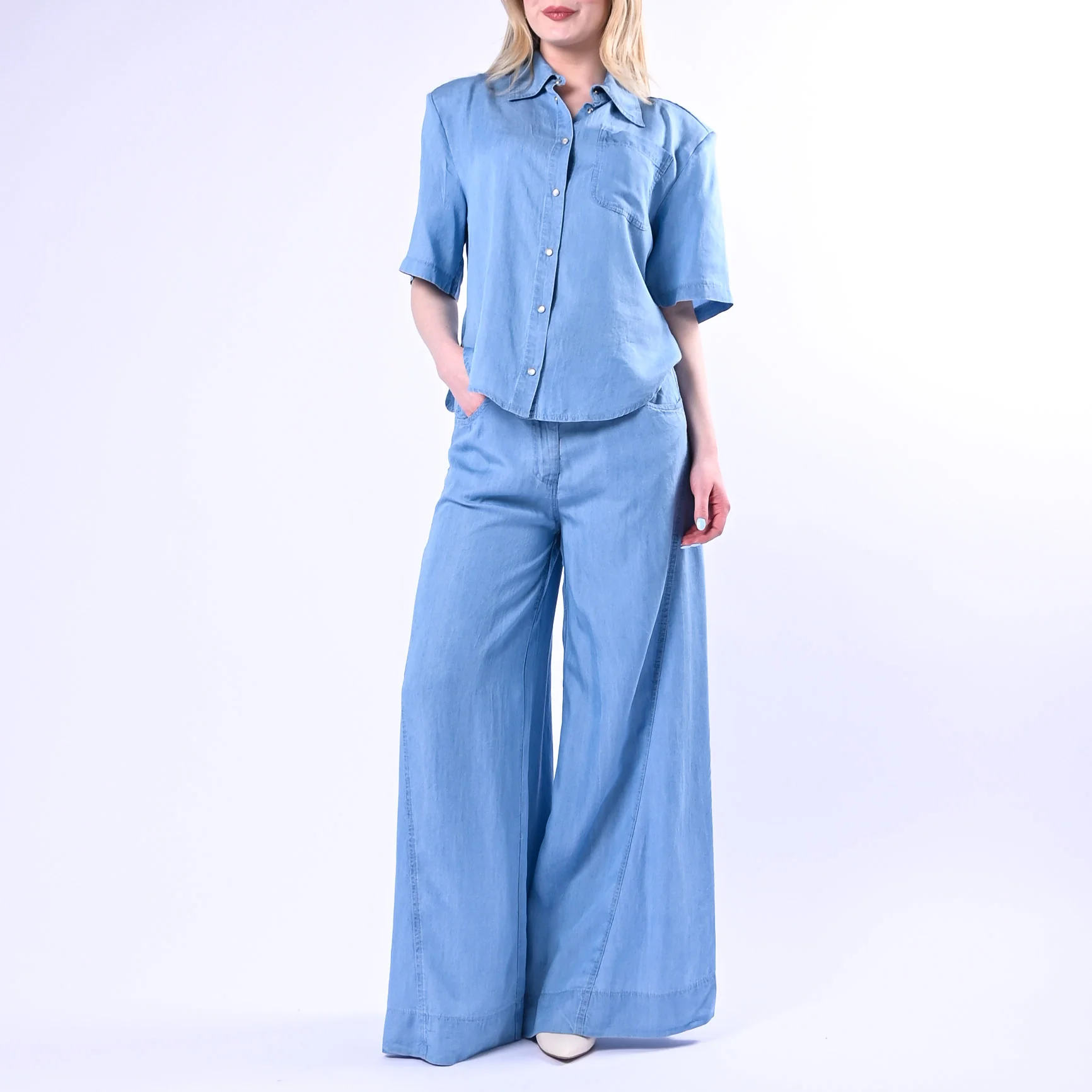 HAVEONE - PANTALONE CHAMBRAY WIDE LEG ART.PVS-Q393/C - CELESTE - Image 6